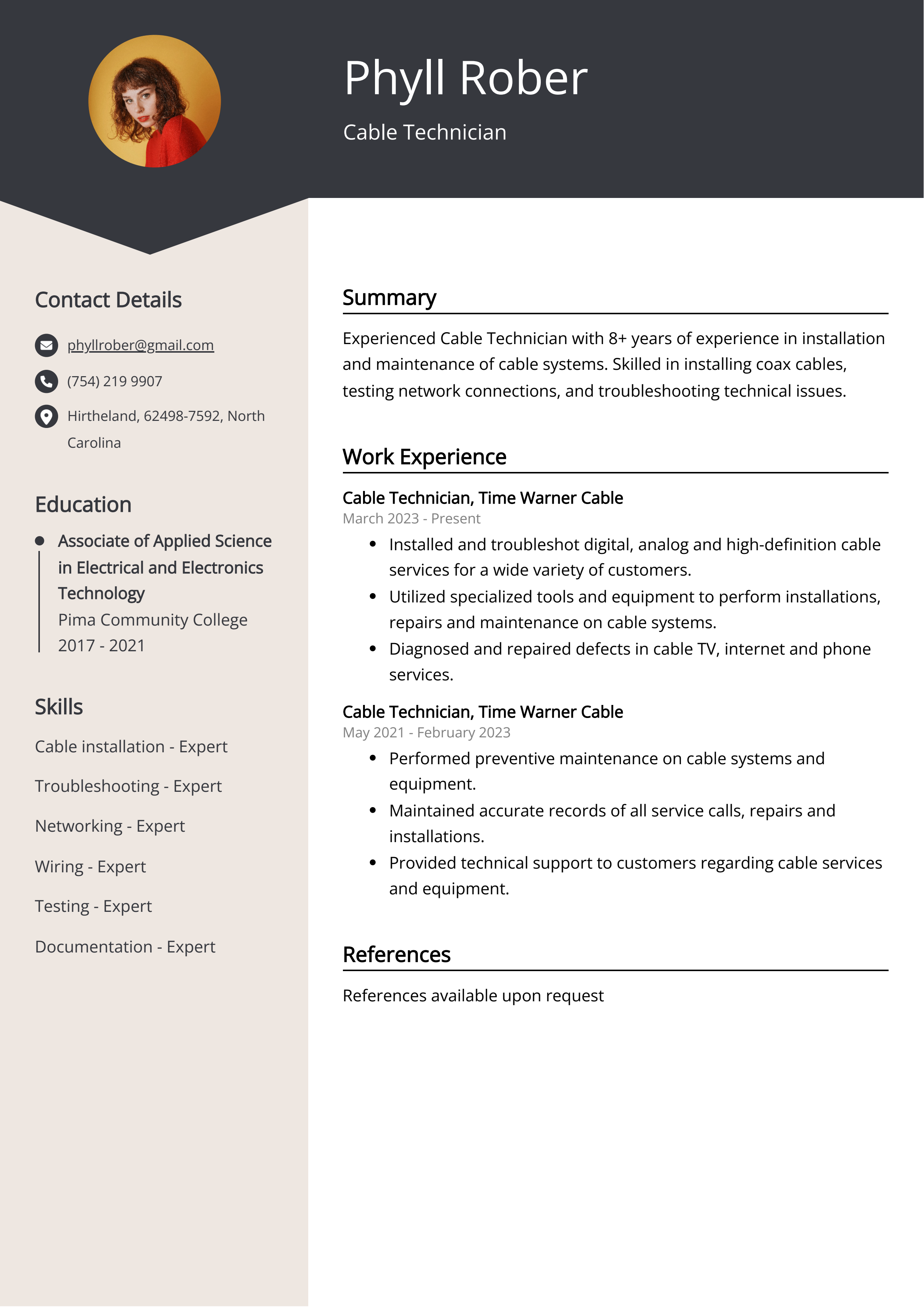 Cable Technician Resume Example