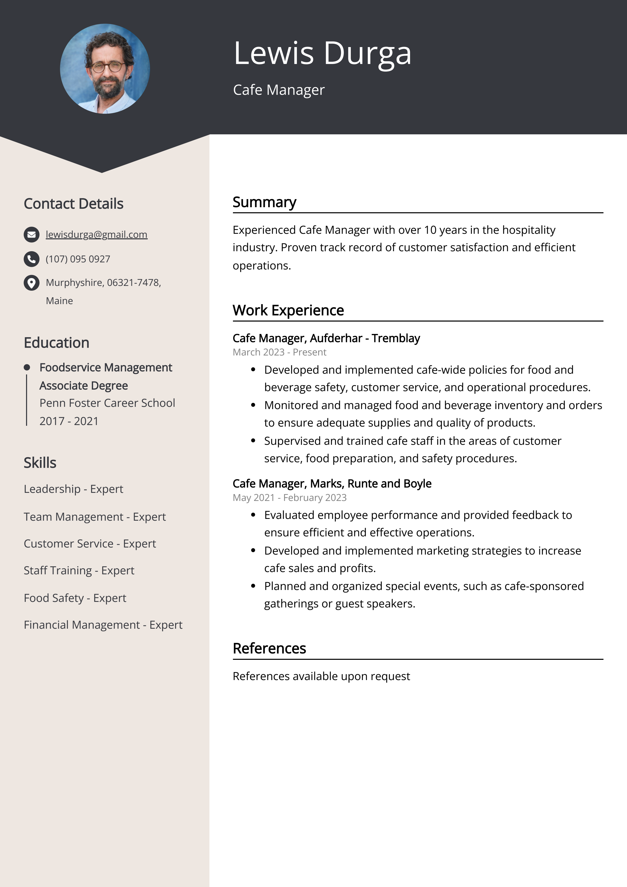 Cafe Manager Resume Example