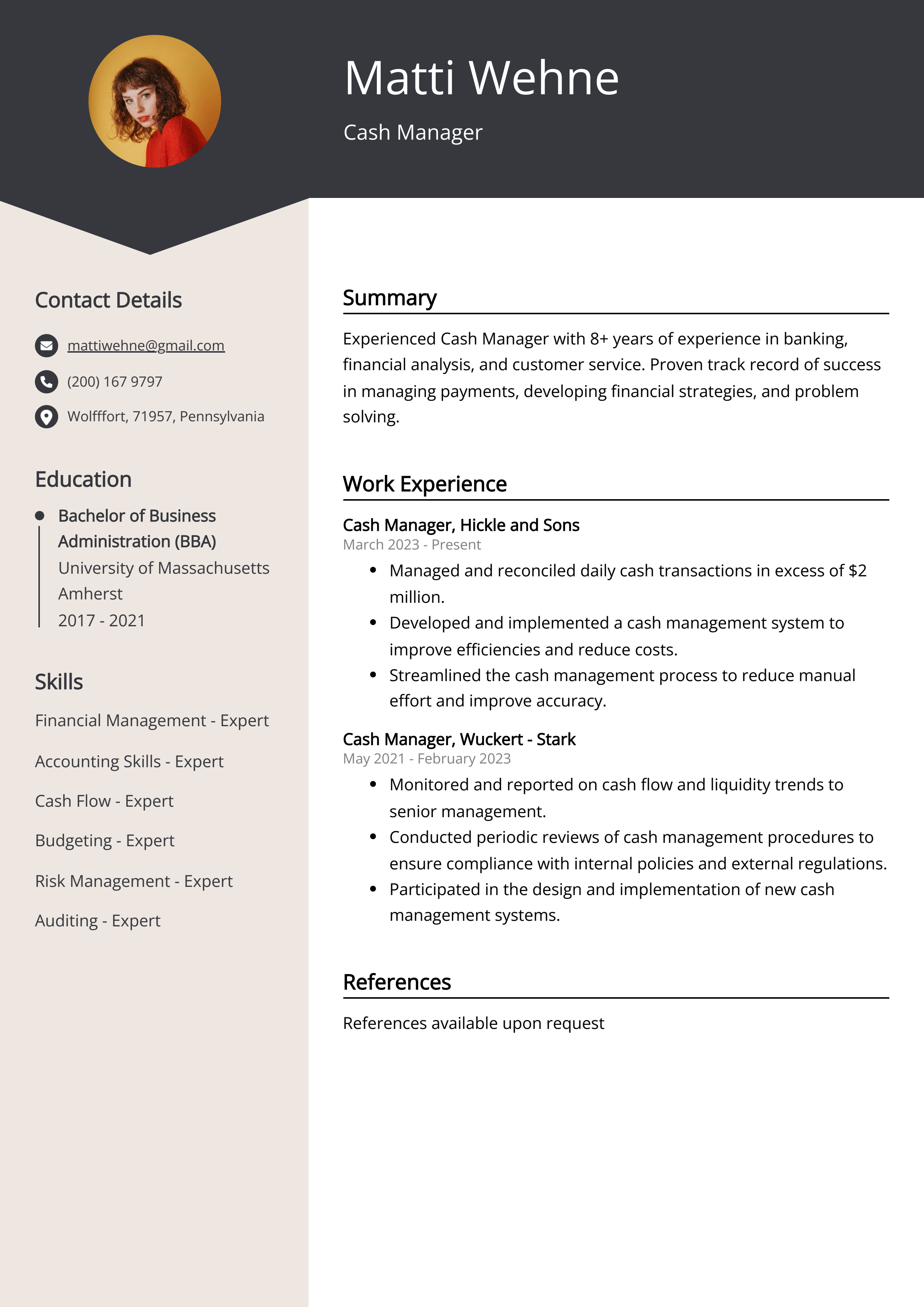 Cash Manager Resume Example