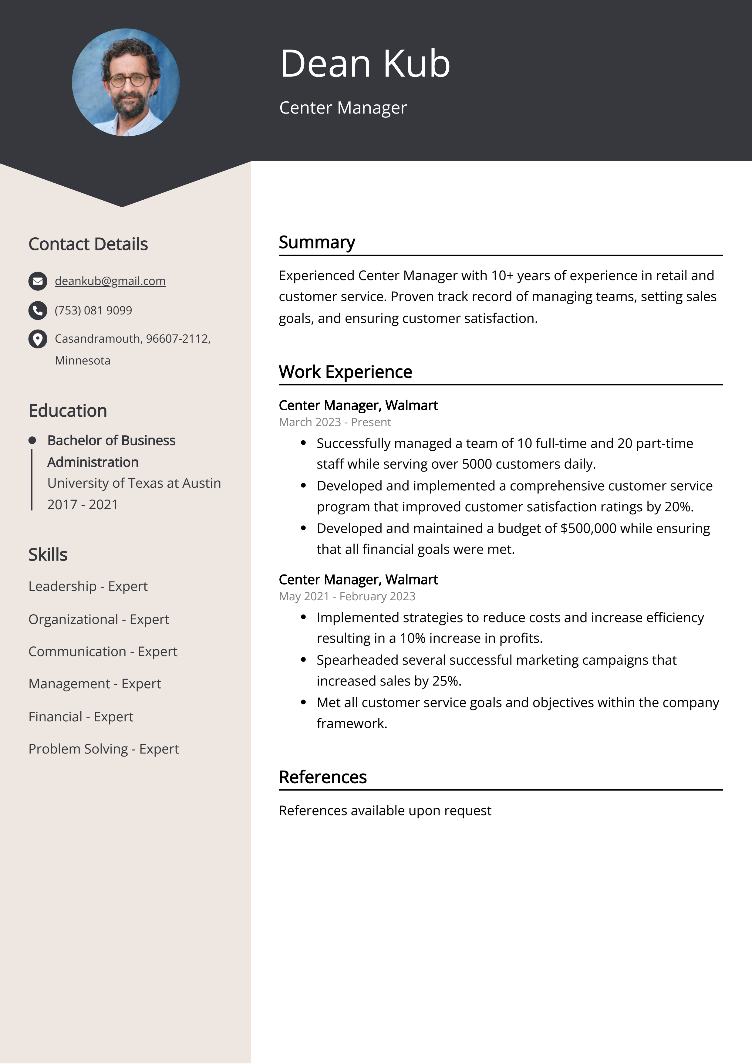 Center Manager Resume Example