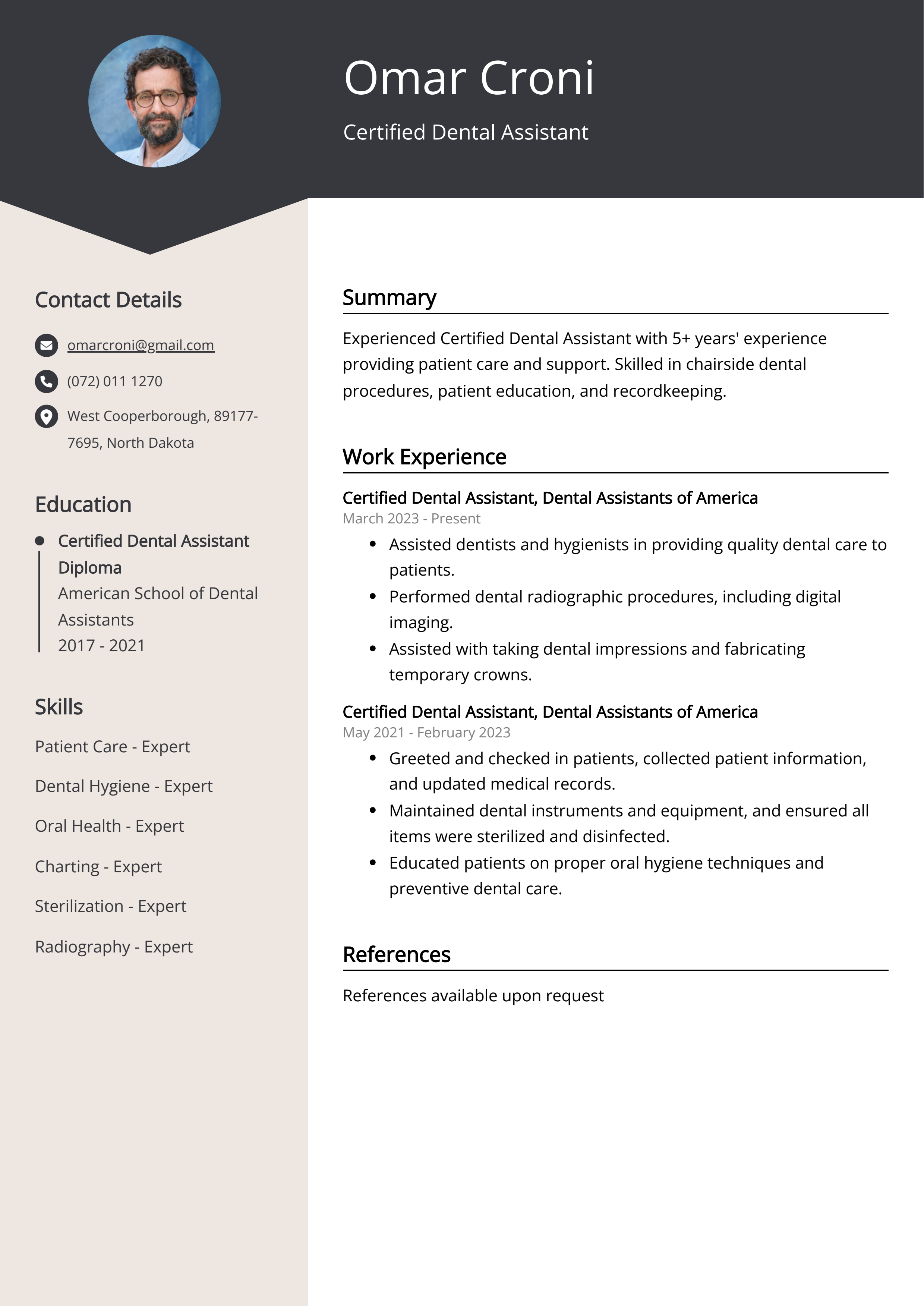 Certified Dental Assistant Resume Example
