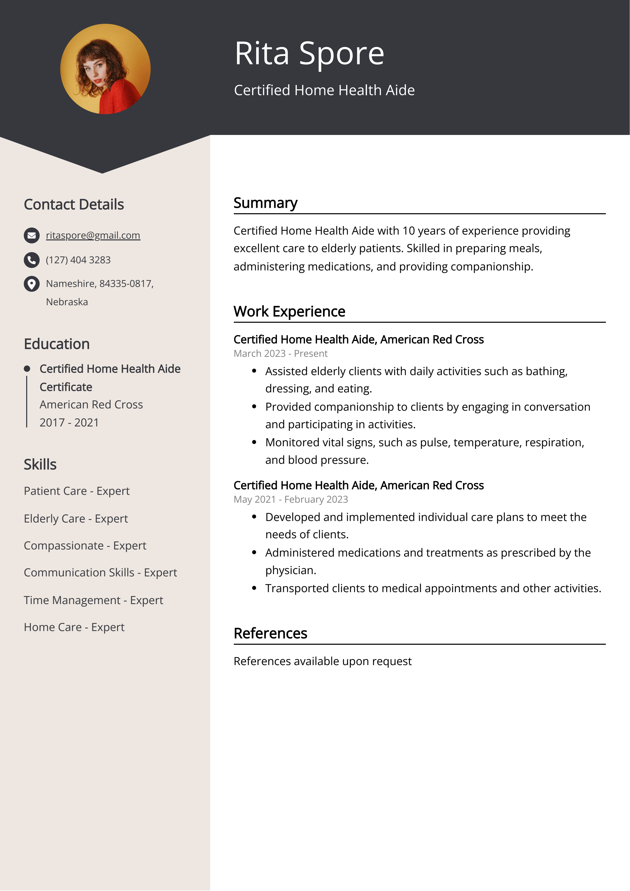 Certified Home Health Aide Resume Example