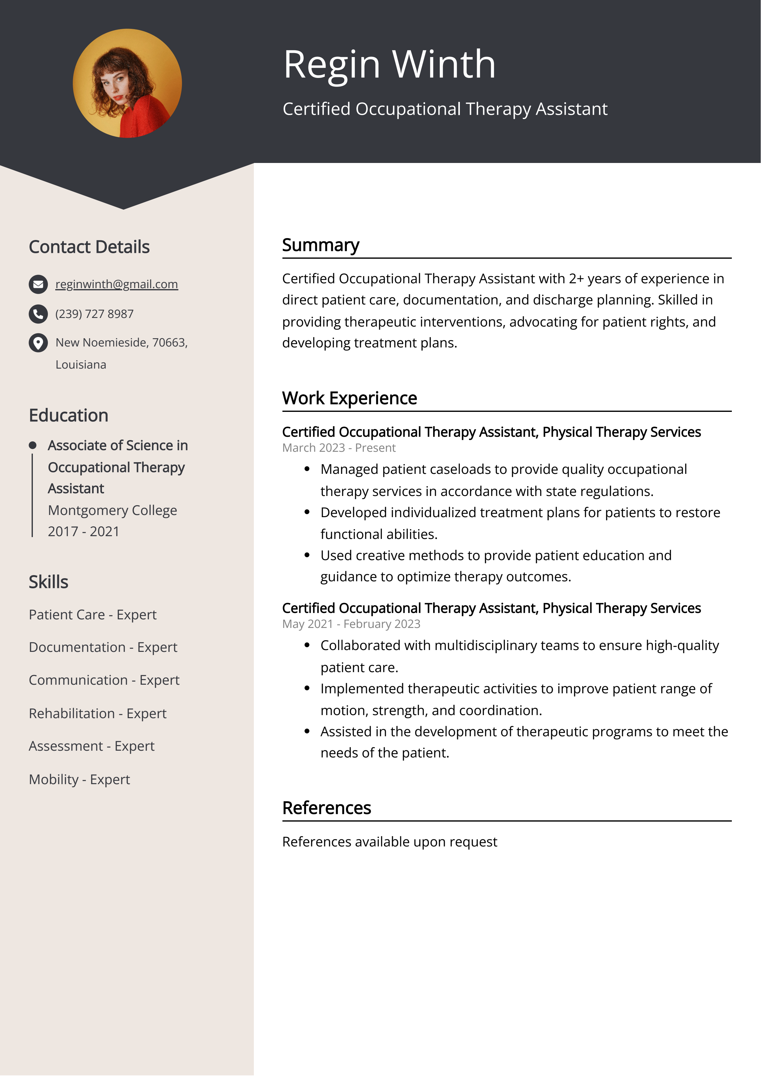 Certified Occupational Therapy Assistant Resume Example For 2024