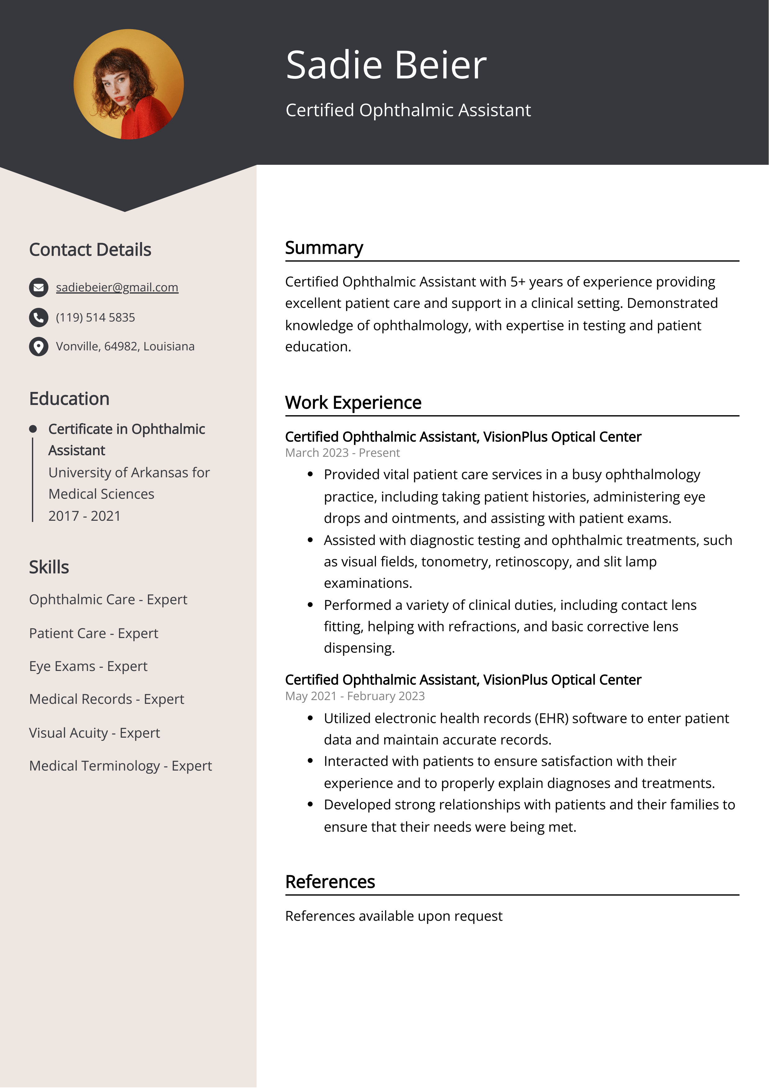 Certified Ophthalmic Assistant Resume Example