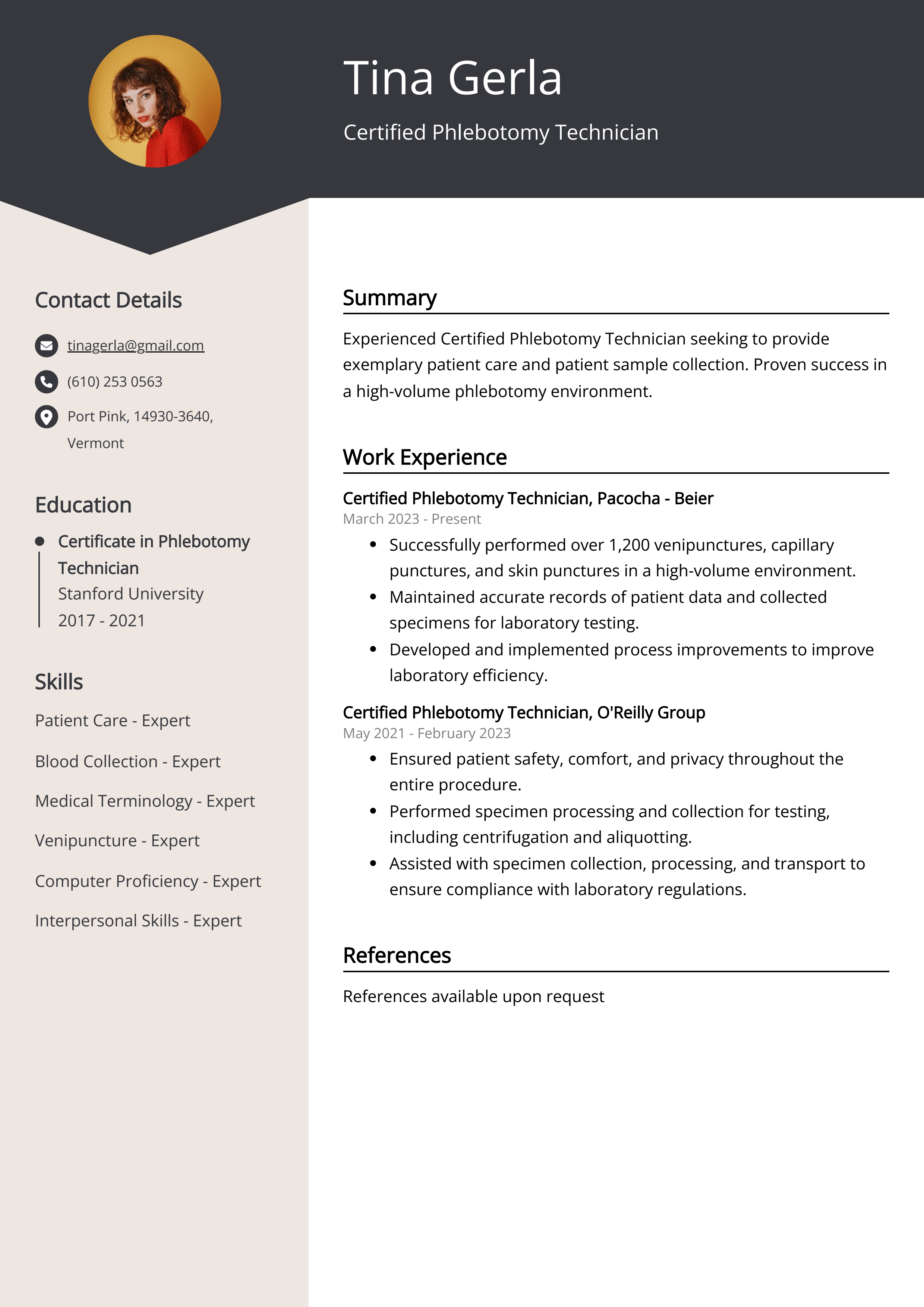 Certified Phlebotomy Technician Resume Example