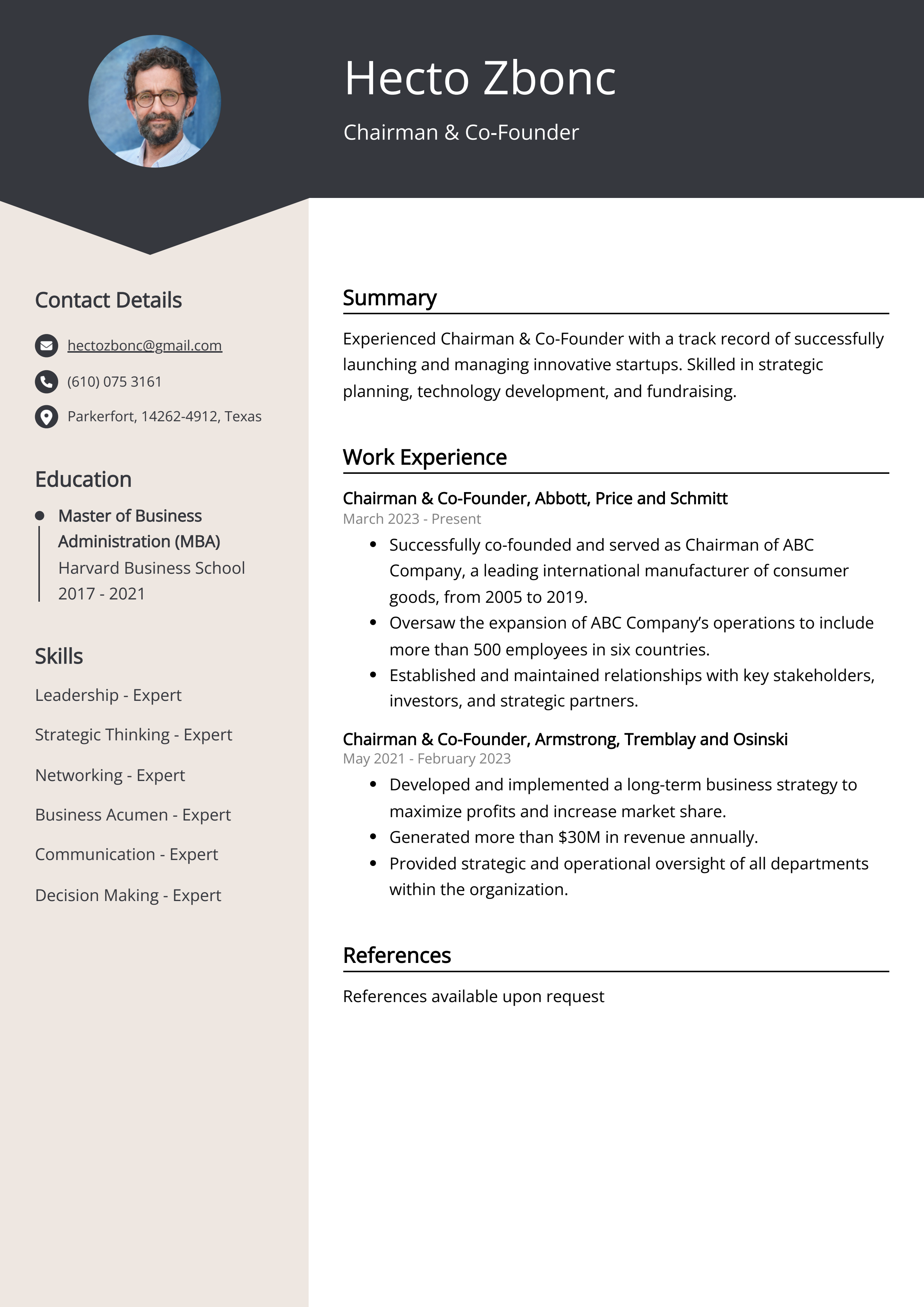Chairman and Co-Founder Resume Example