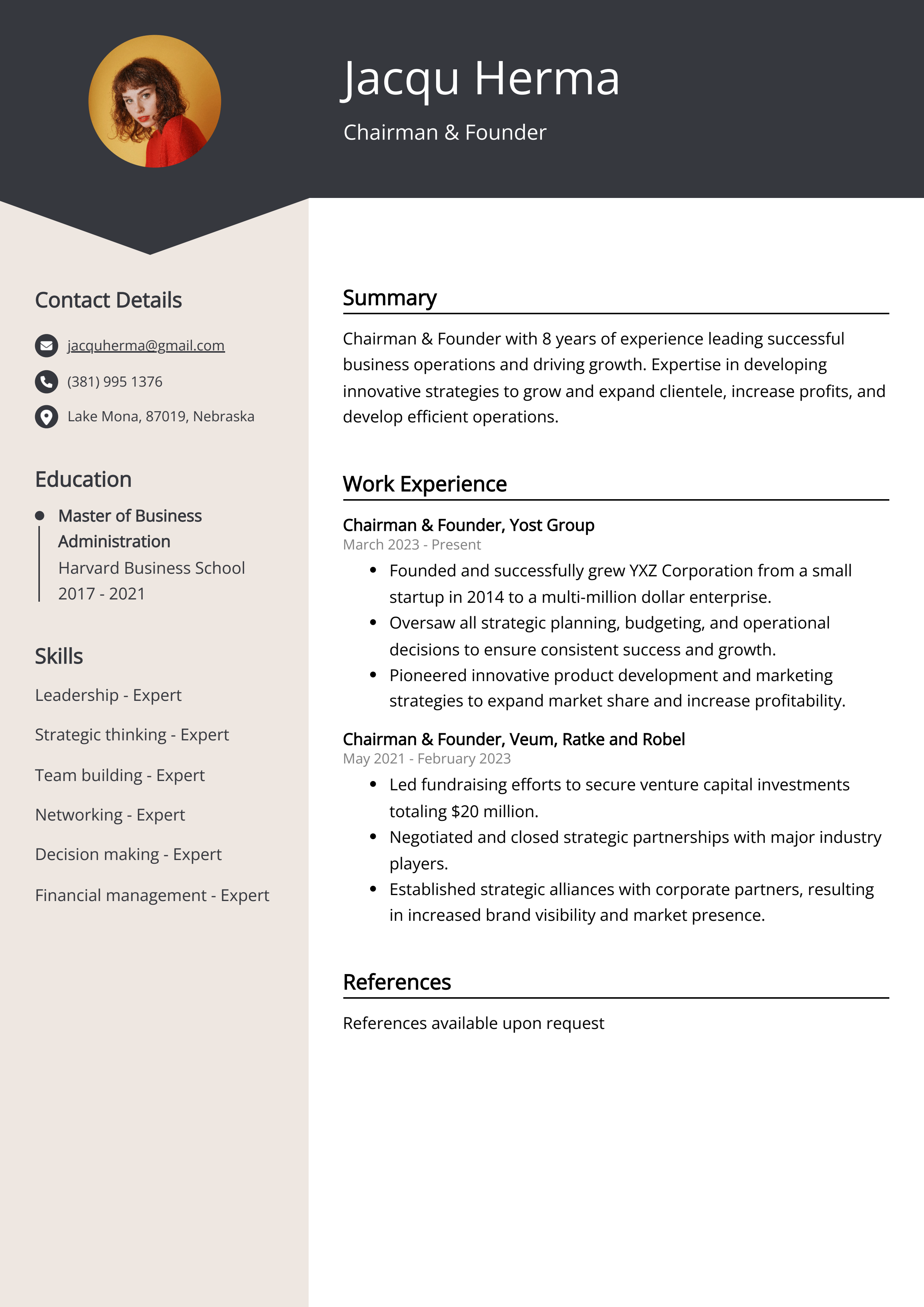 Chairman and Founder Resume Example