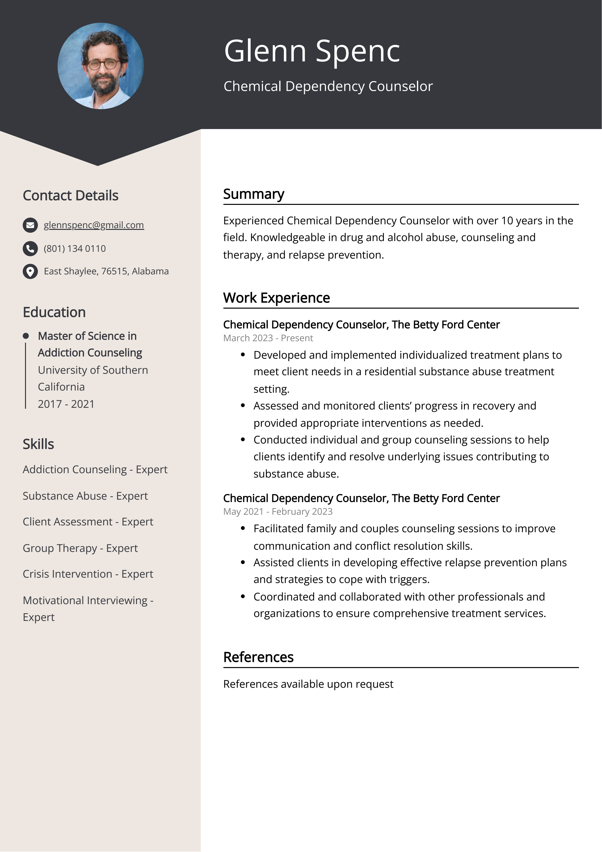 Chemical Dependency Counselor Resume Example