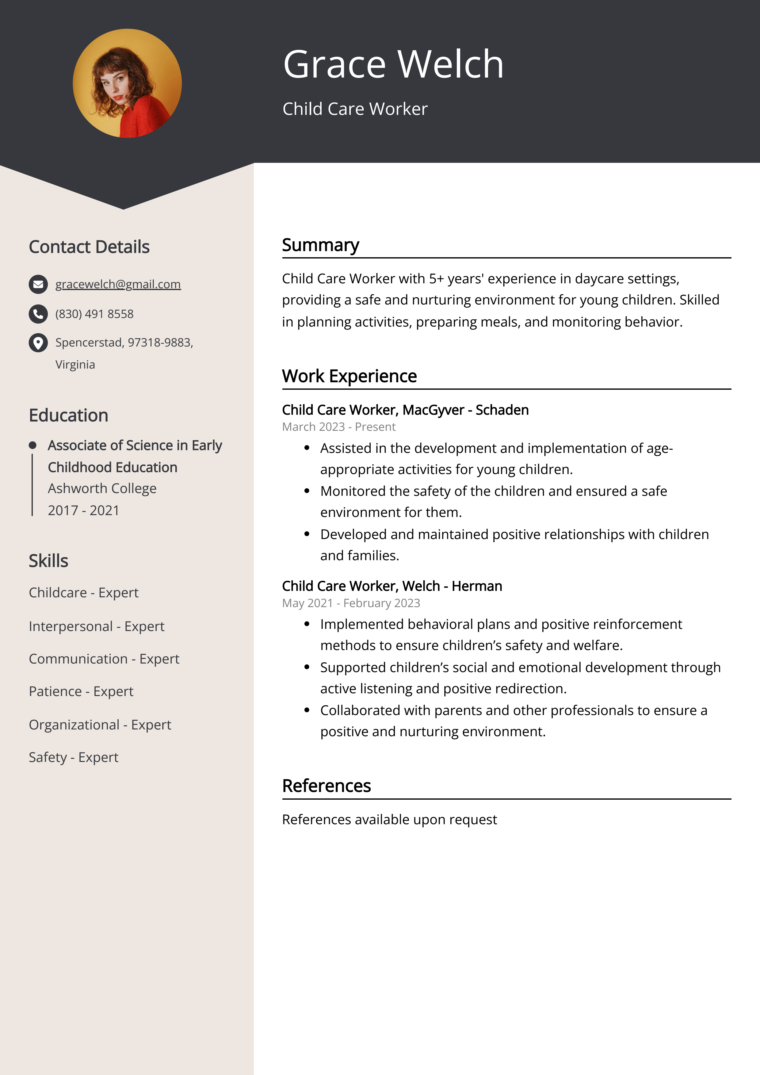 Child Care Worker Resume Example