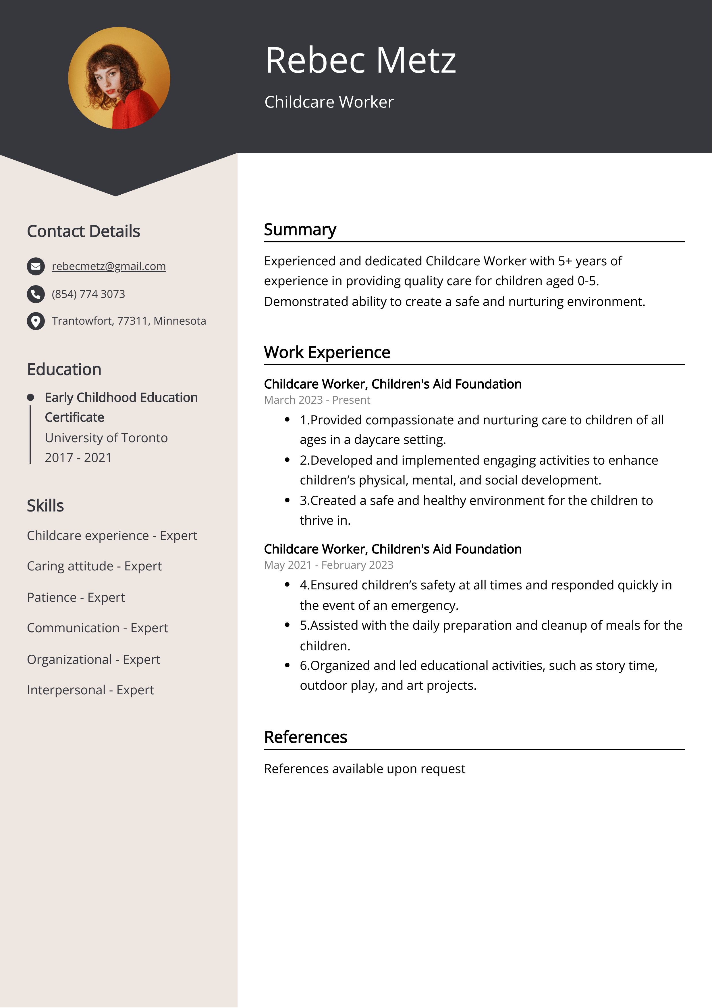 Childcare Worker Resume Example