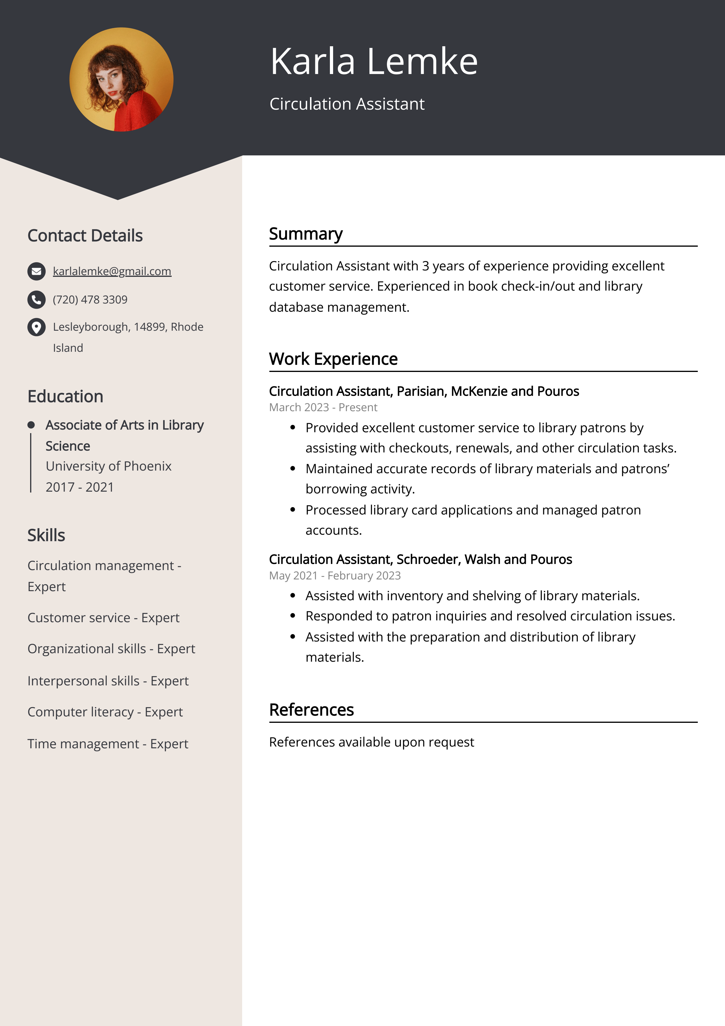 Circulation Assistant Resume Example