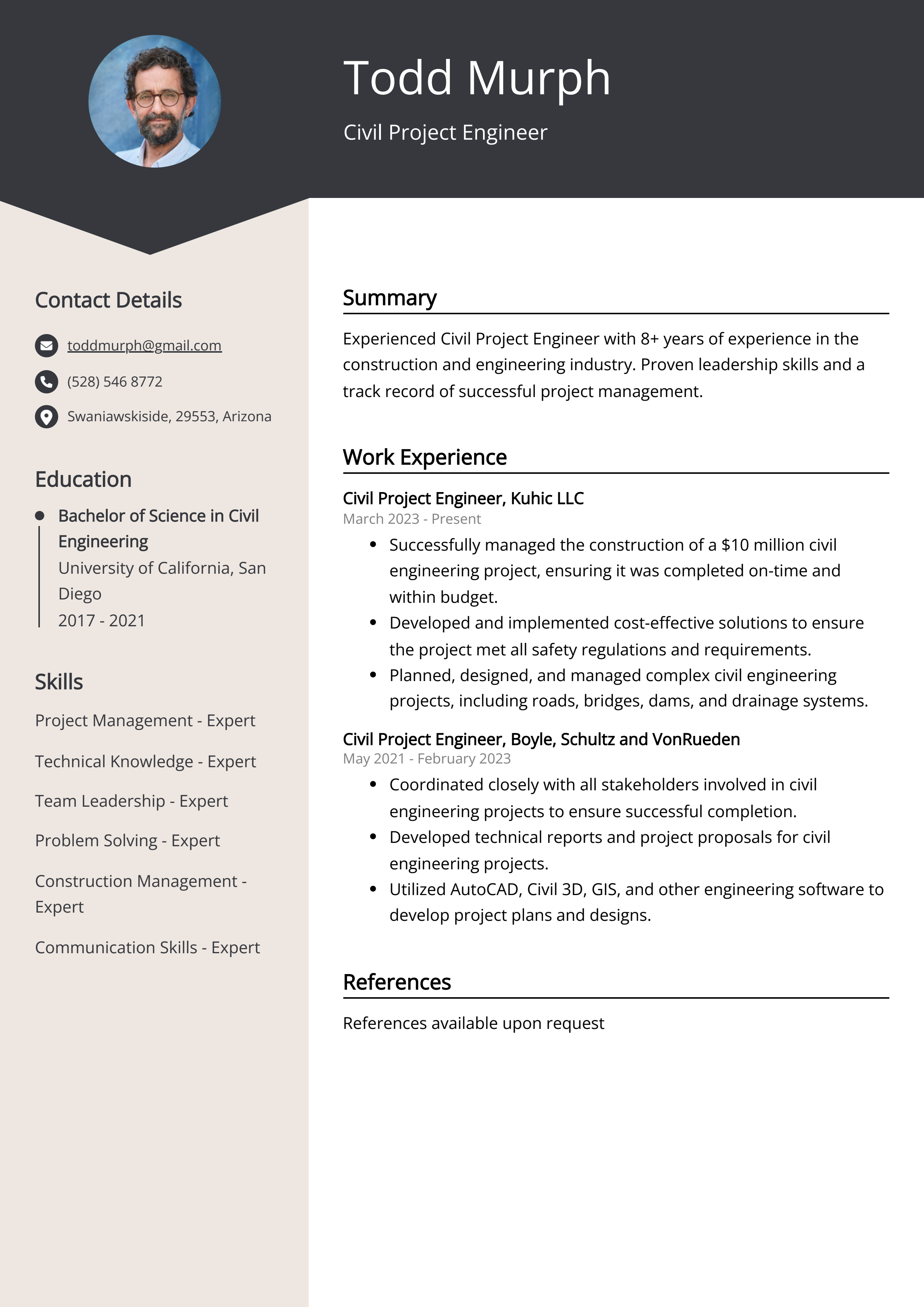 Civil Project Engineer Resume Example