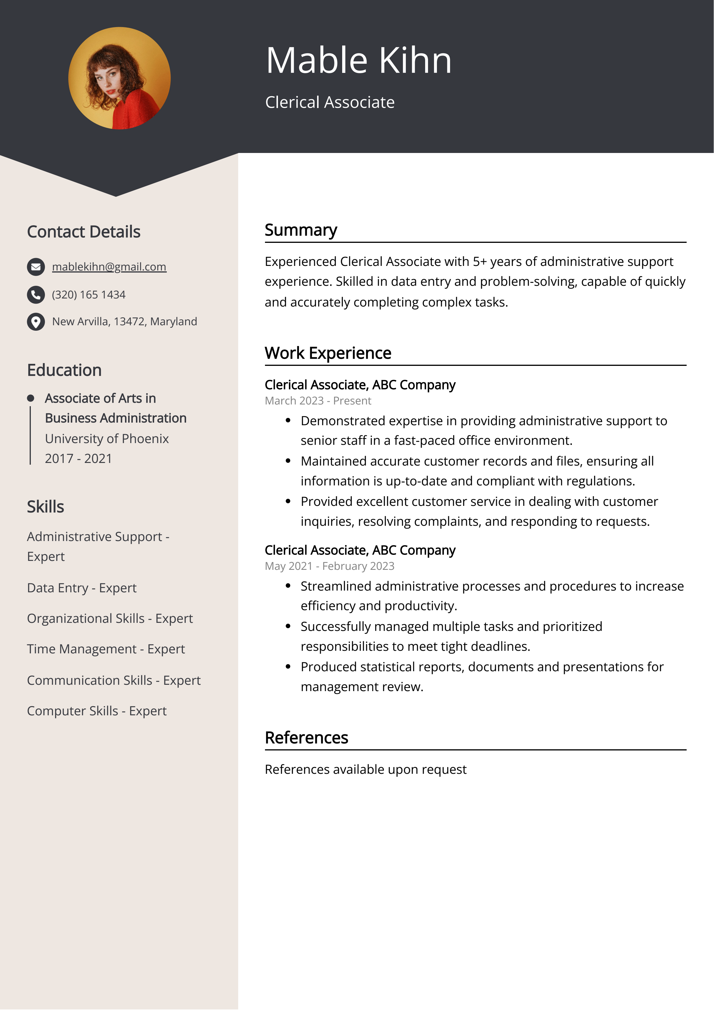 Clerical Associate Resume Example