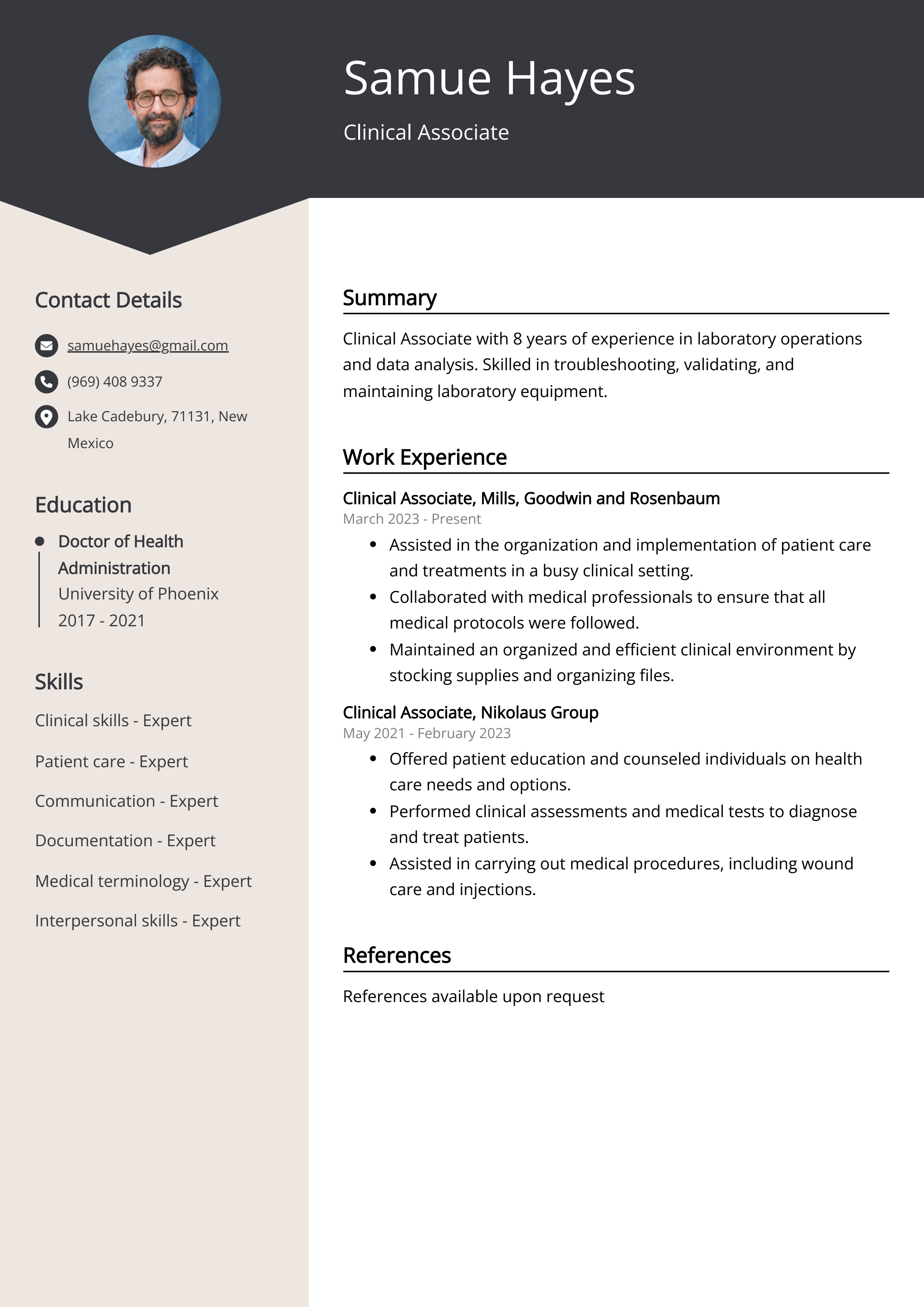 Clinical Associate Resume Example