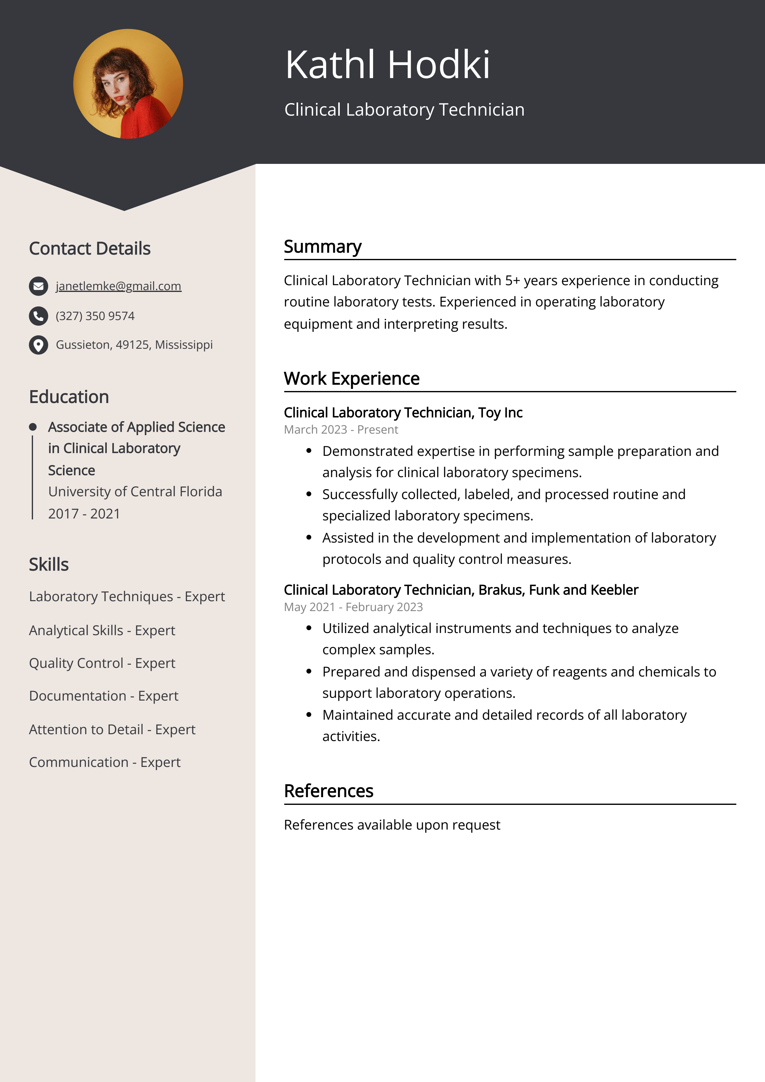 Clinical Laboratory Technician Resume Example For 2024