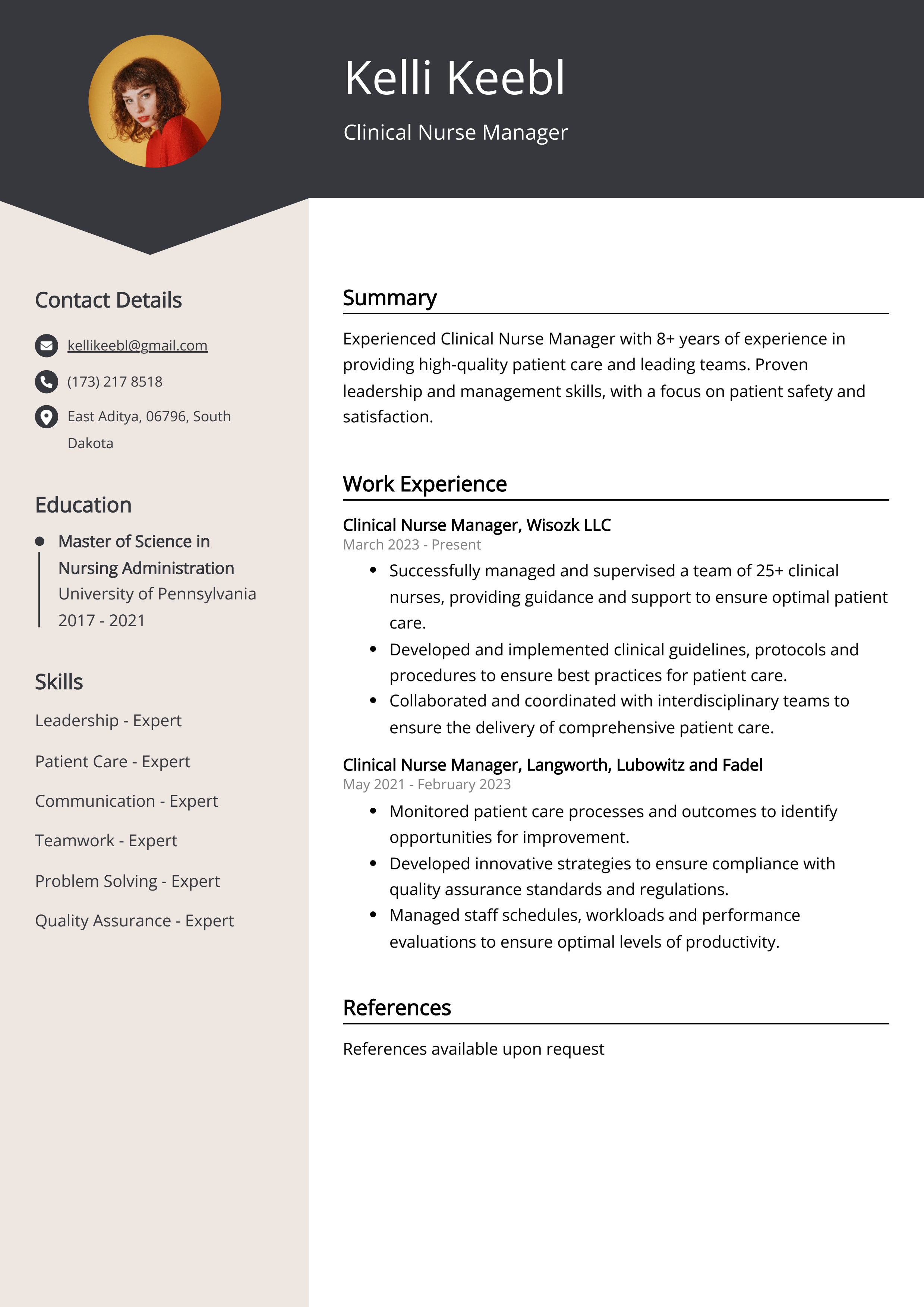 Clinical Nurse Manager Resume Example