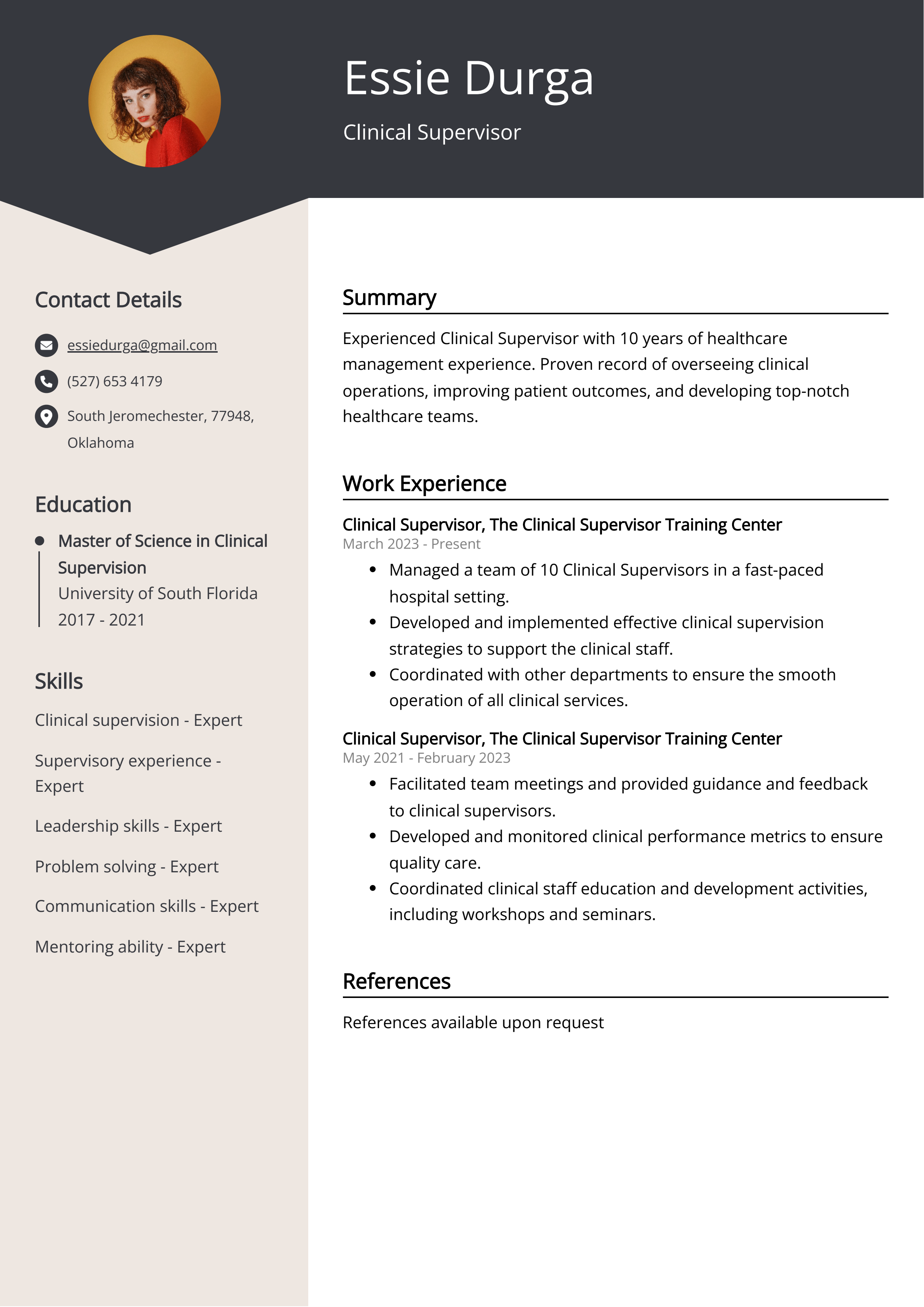 Clinical Supervisor Resume Example