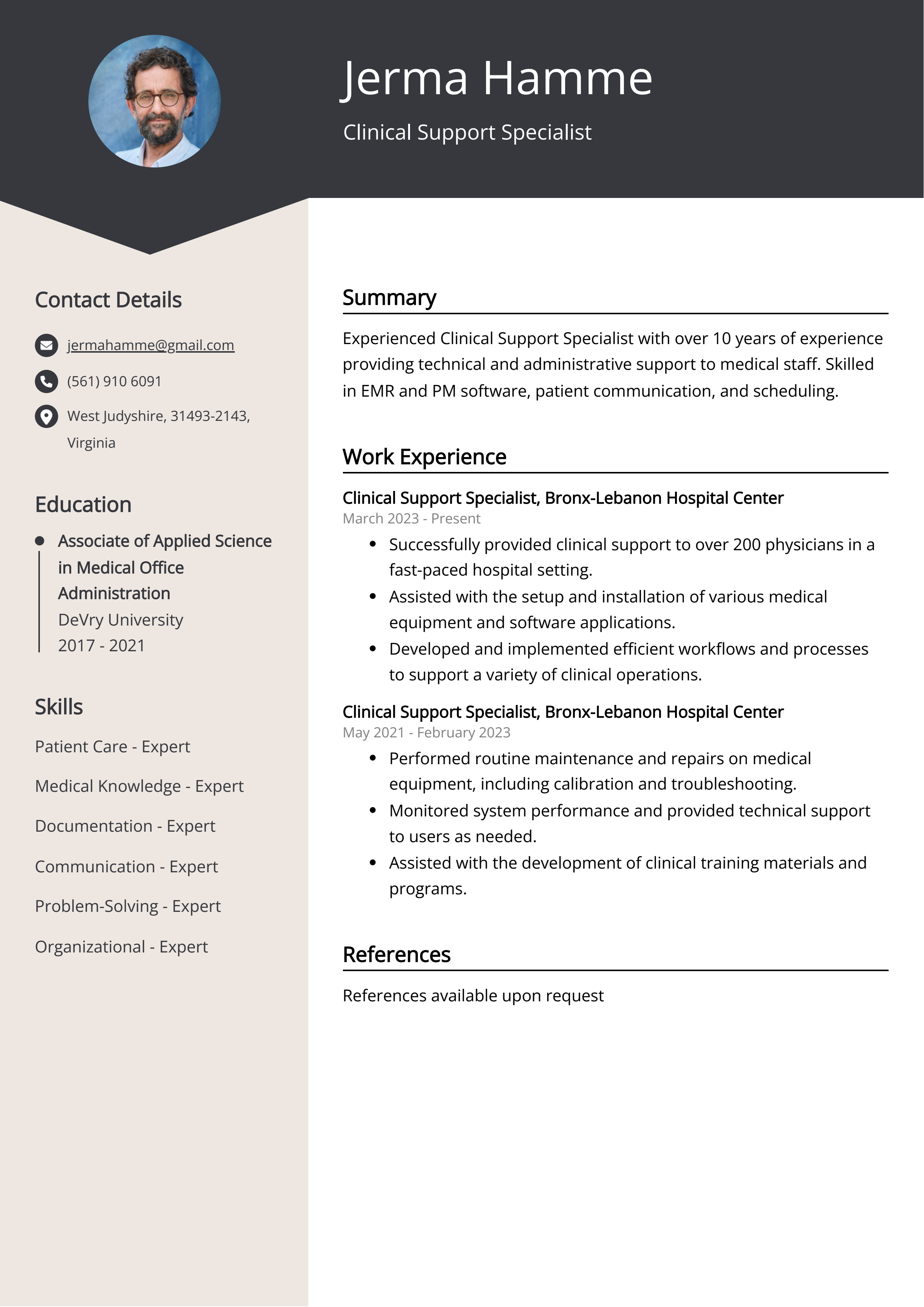 Clinical Support Specialist Resume Example