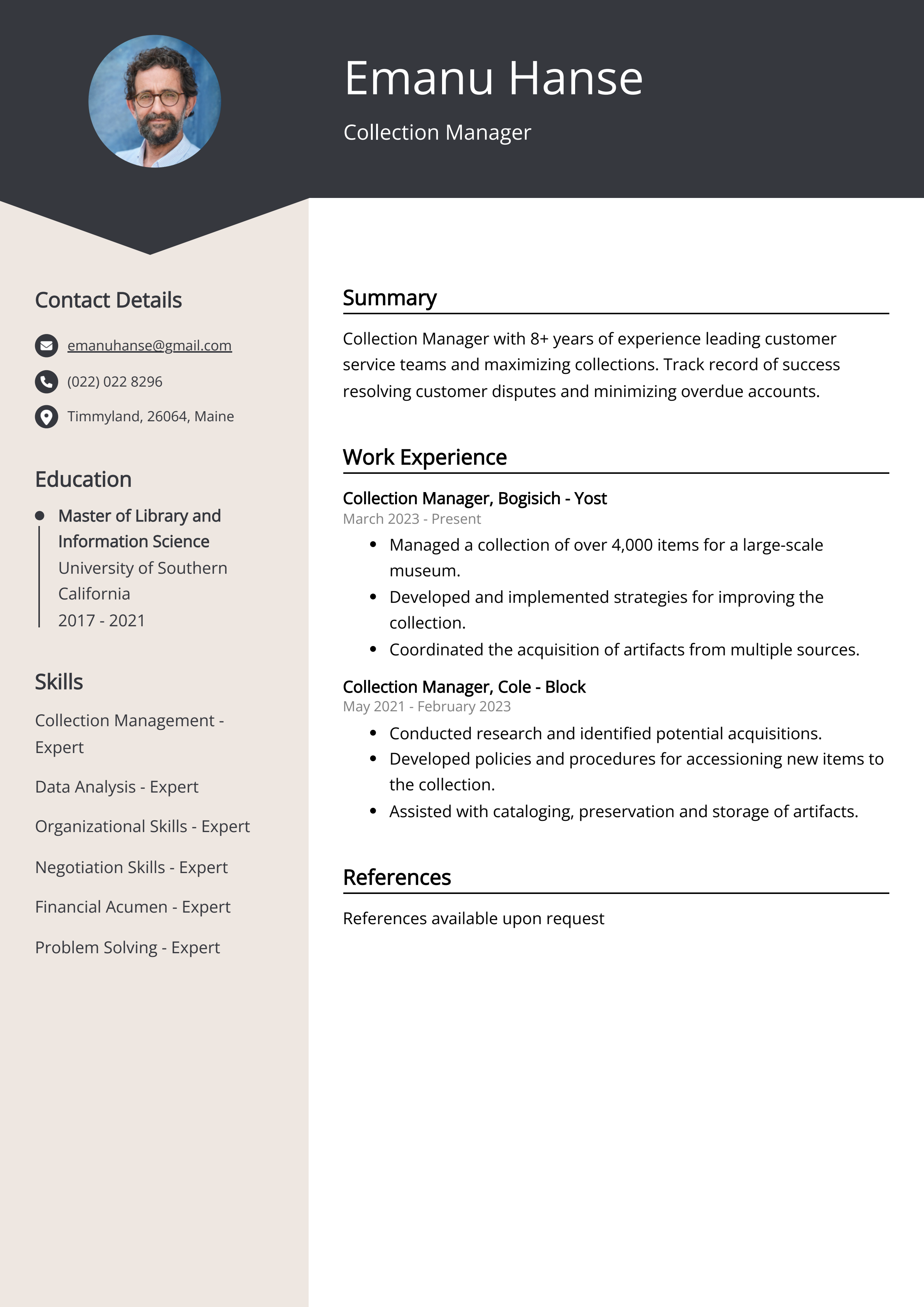 Collection Manager Resume Example