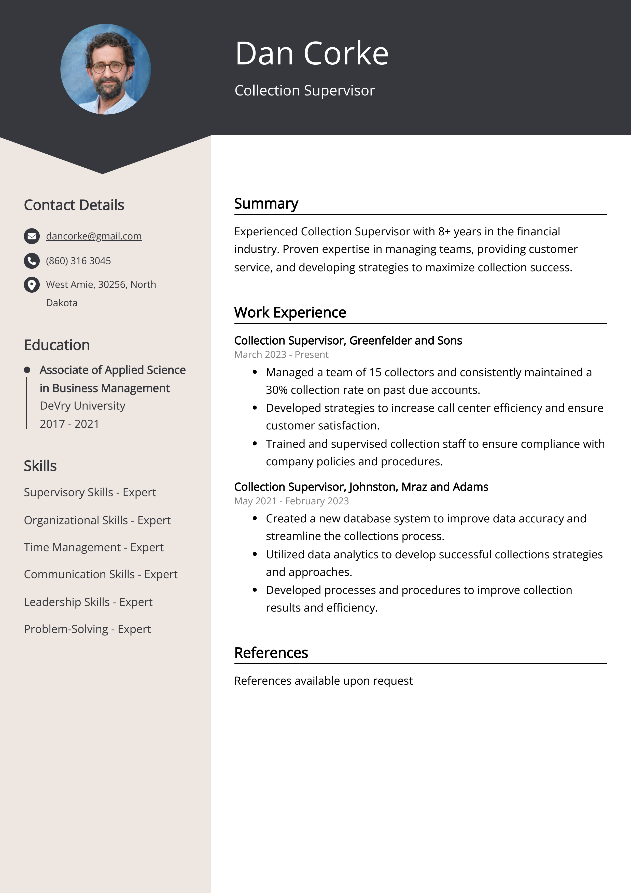 Collection Supervisor Resume Example