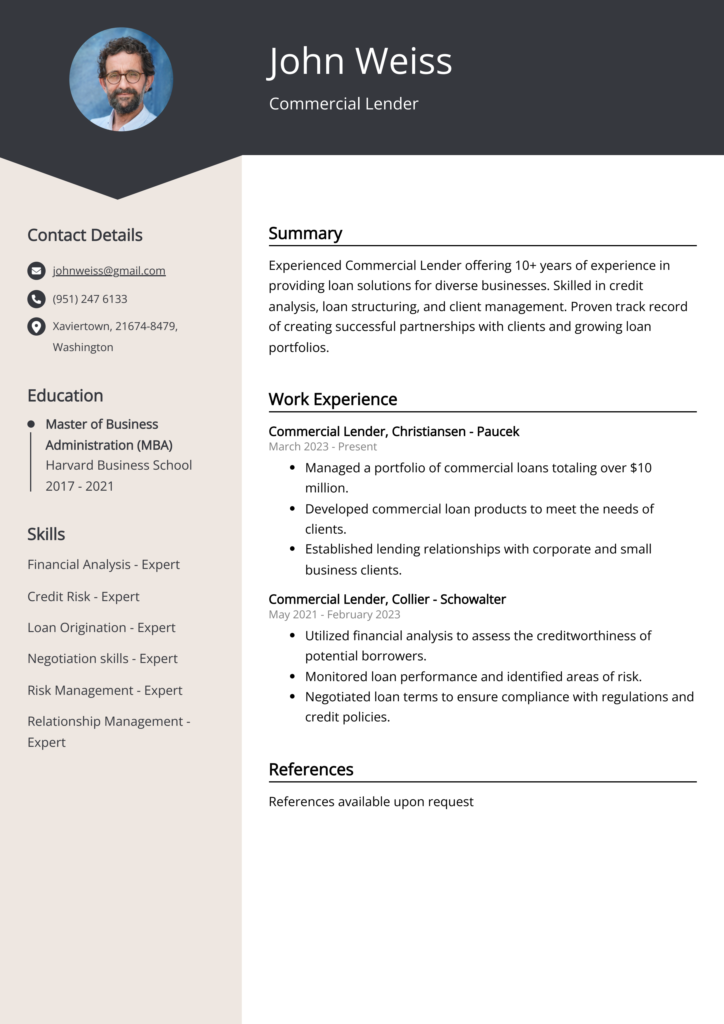 Commercial Lender Resume Example