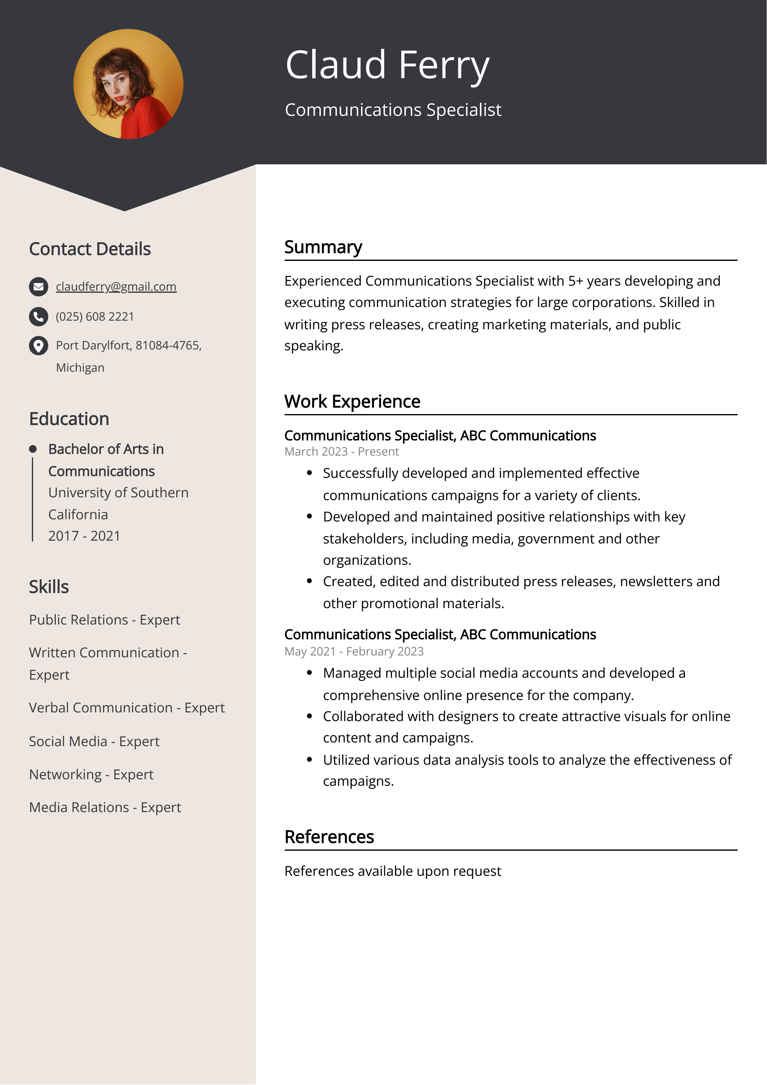 Communications Specialist Resume Example