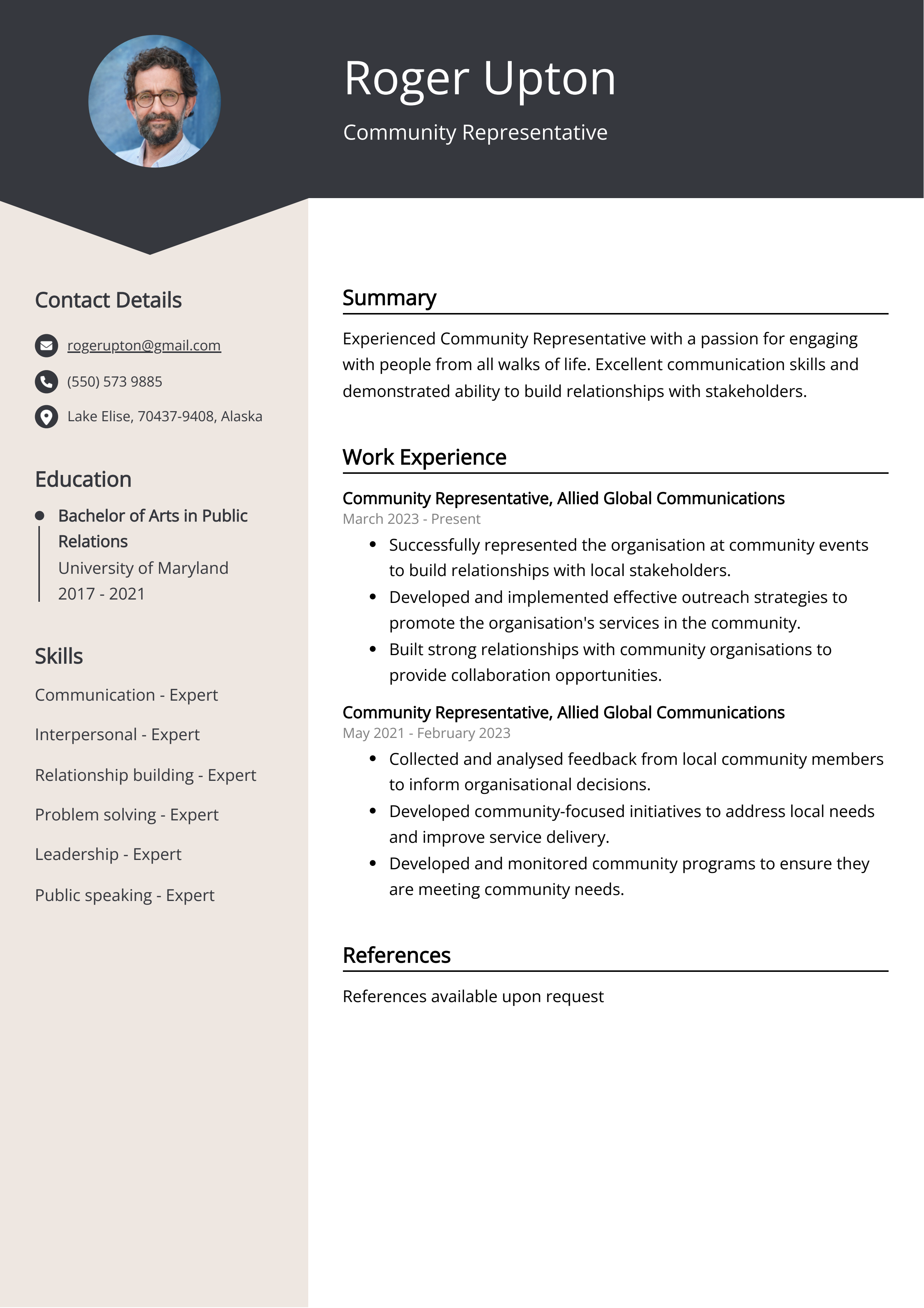 Community Representative Resume Example