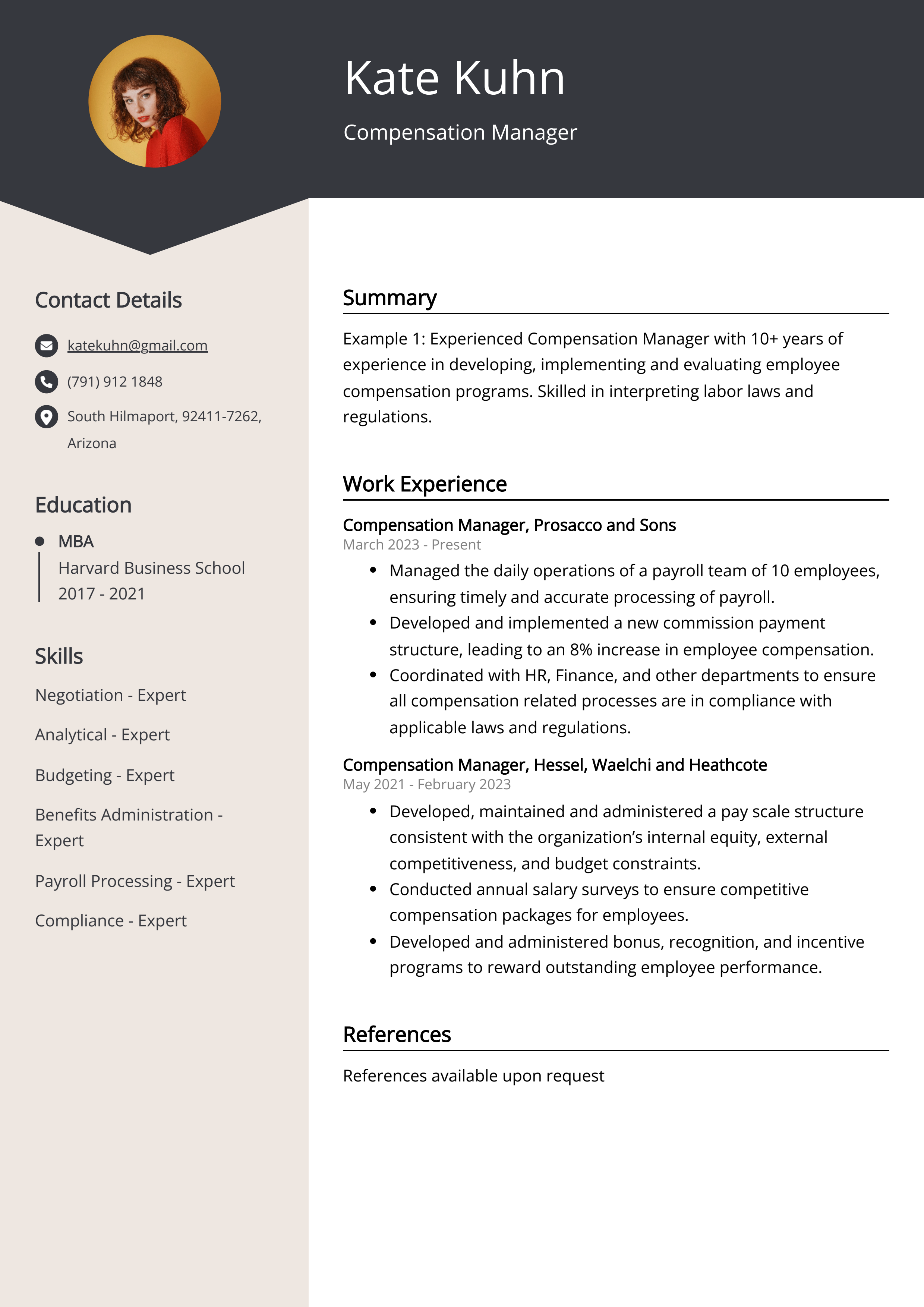 Compensation Manager Resume Example