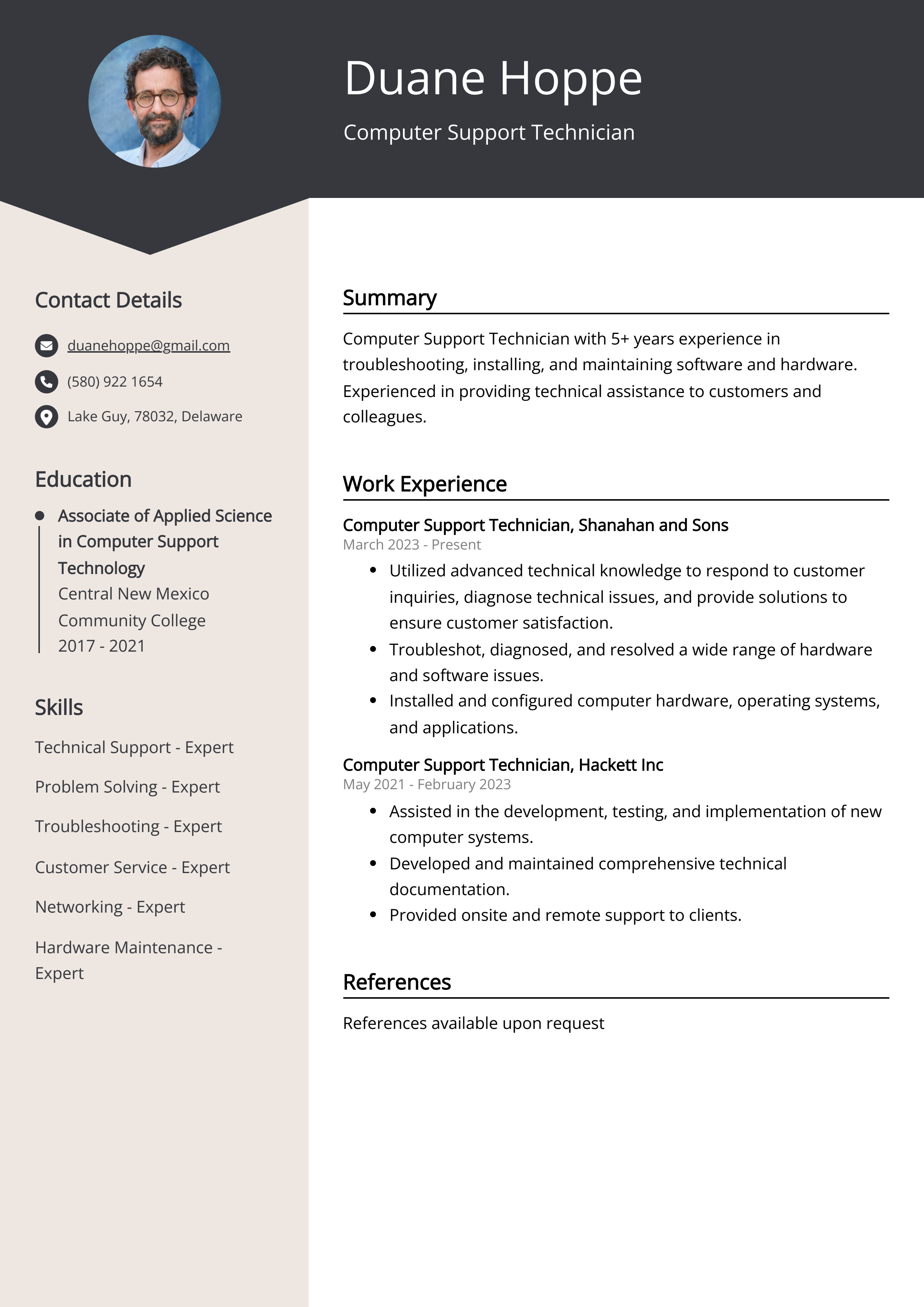 Computer Support Technician Resume Example