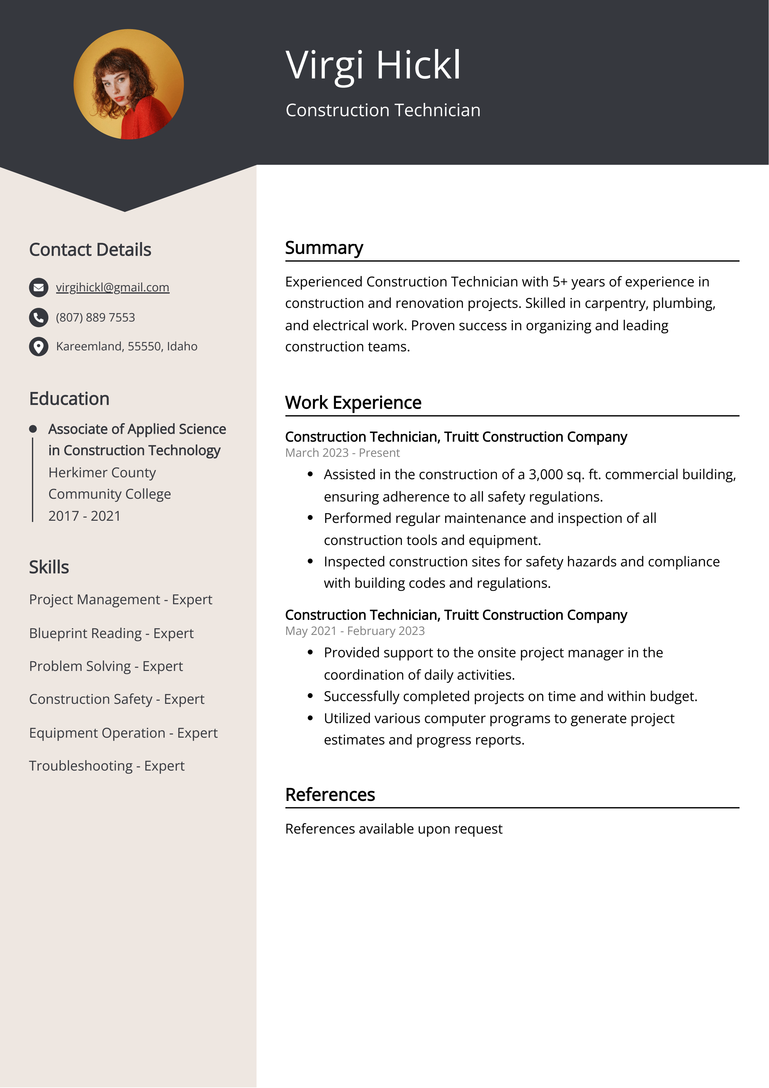 Construction Technician Resume Example