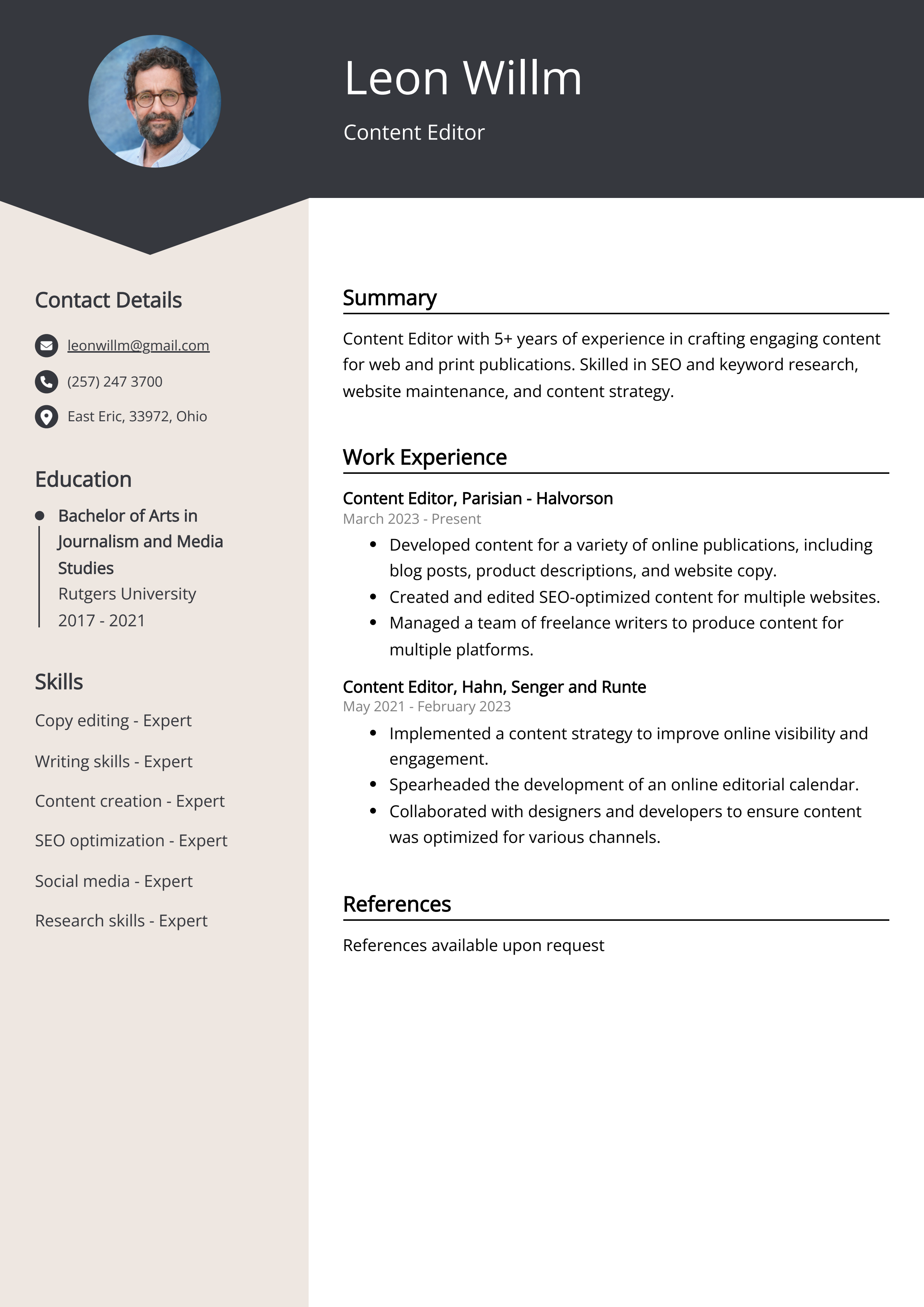 Content Editor Resume Example