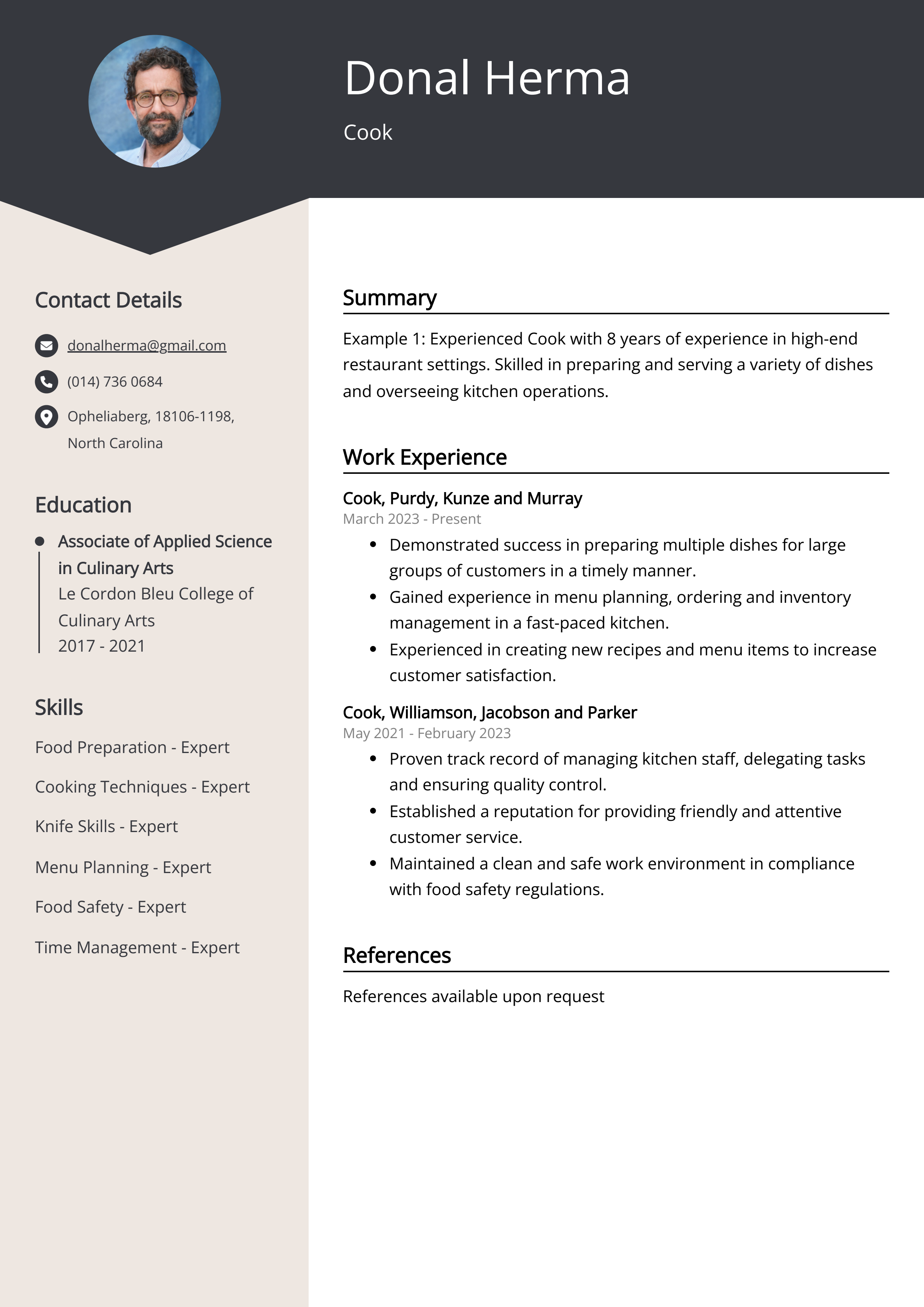 Experienced Cook Resume Example