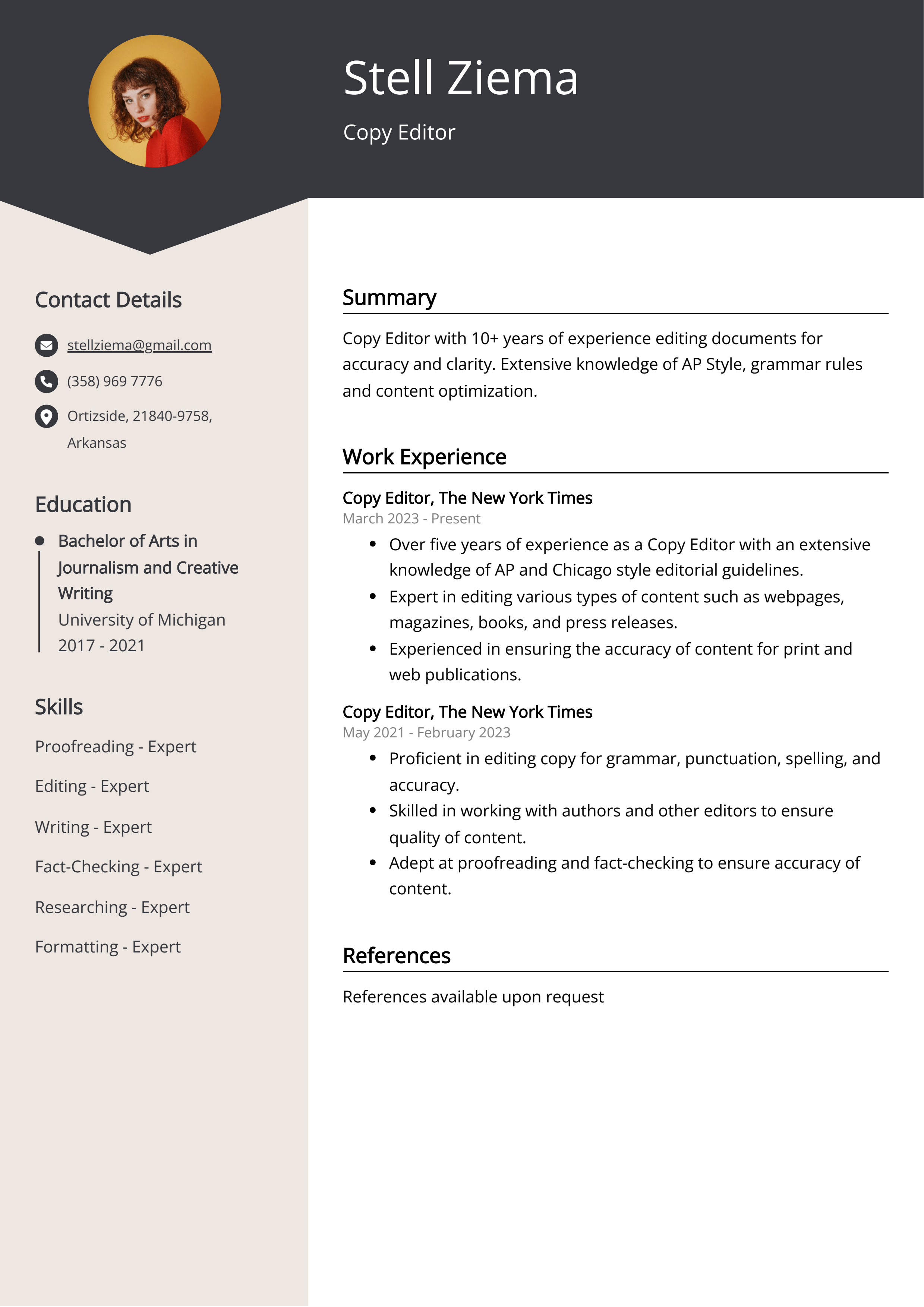 Copy Editor Resume Example