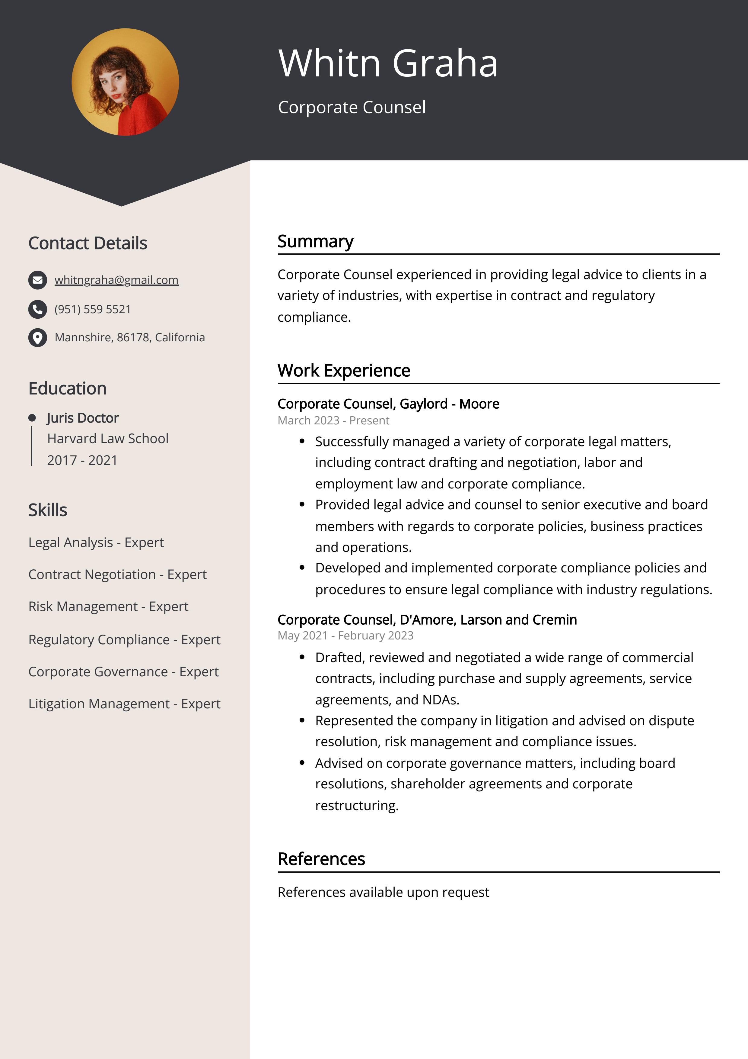 Corporate Counsel Resume Example