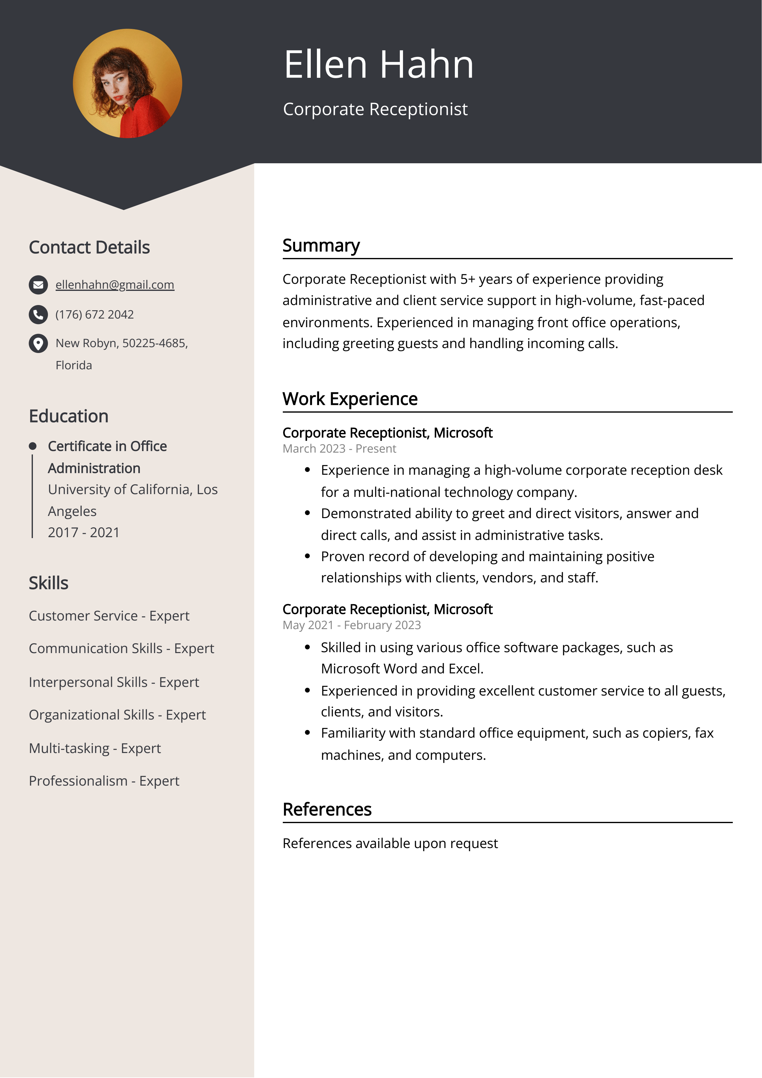 Corporate Receptionist Resume Example