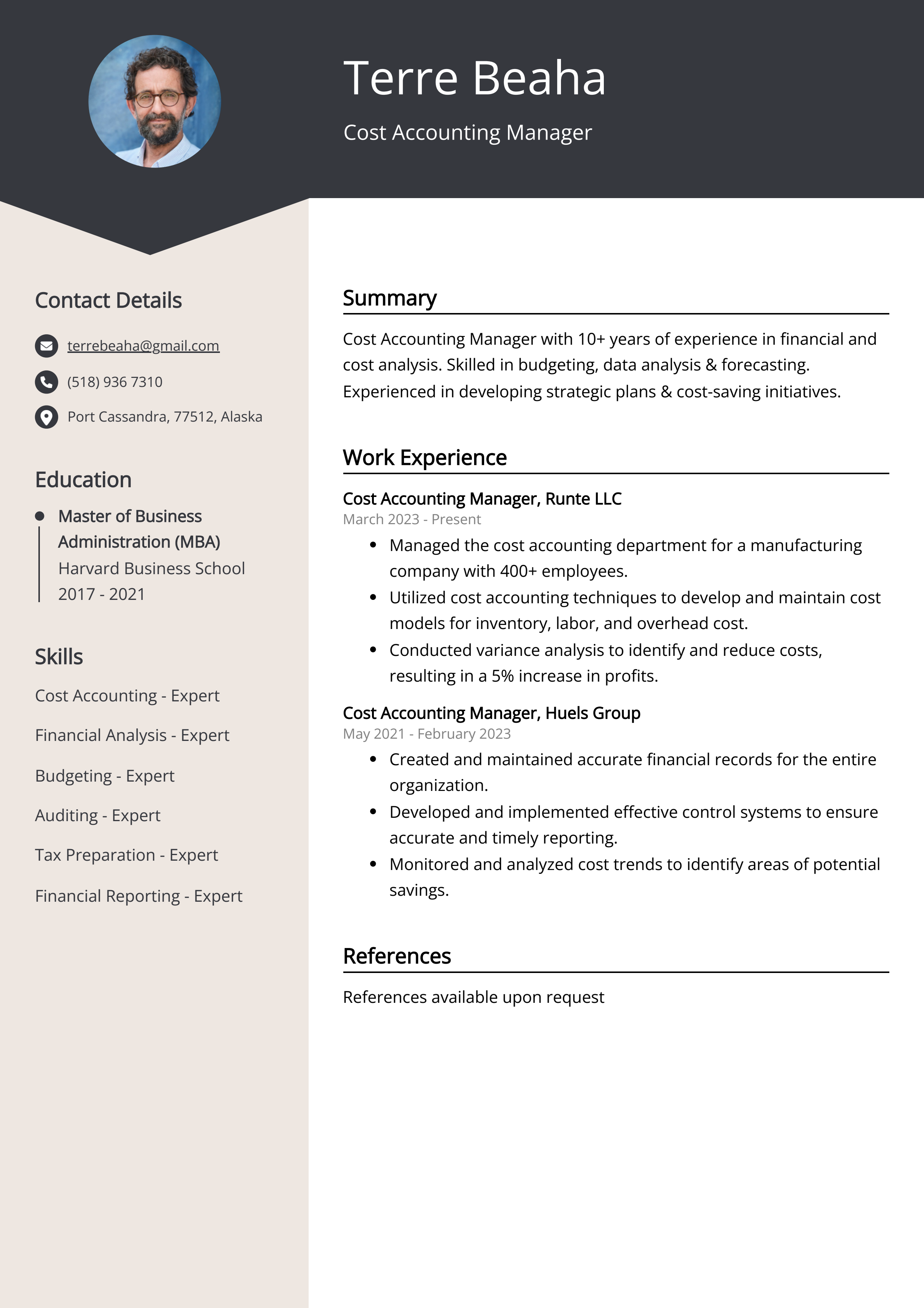 Cost Accounting Manager Resume Example