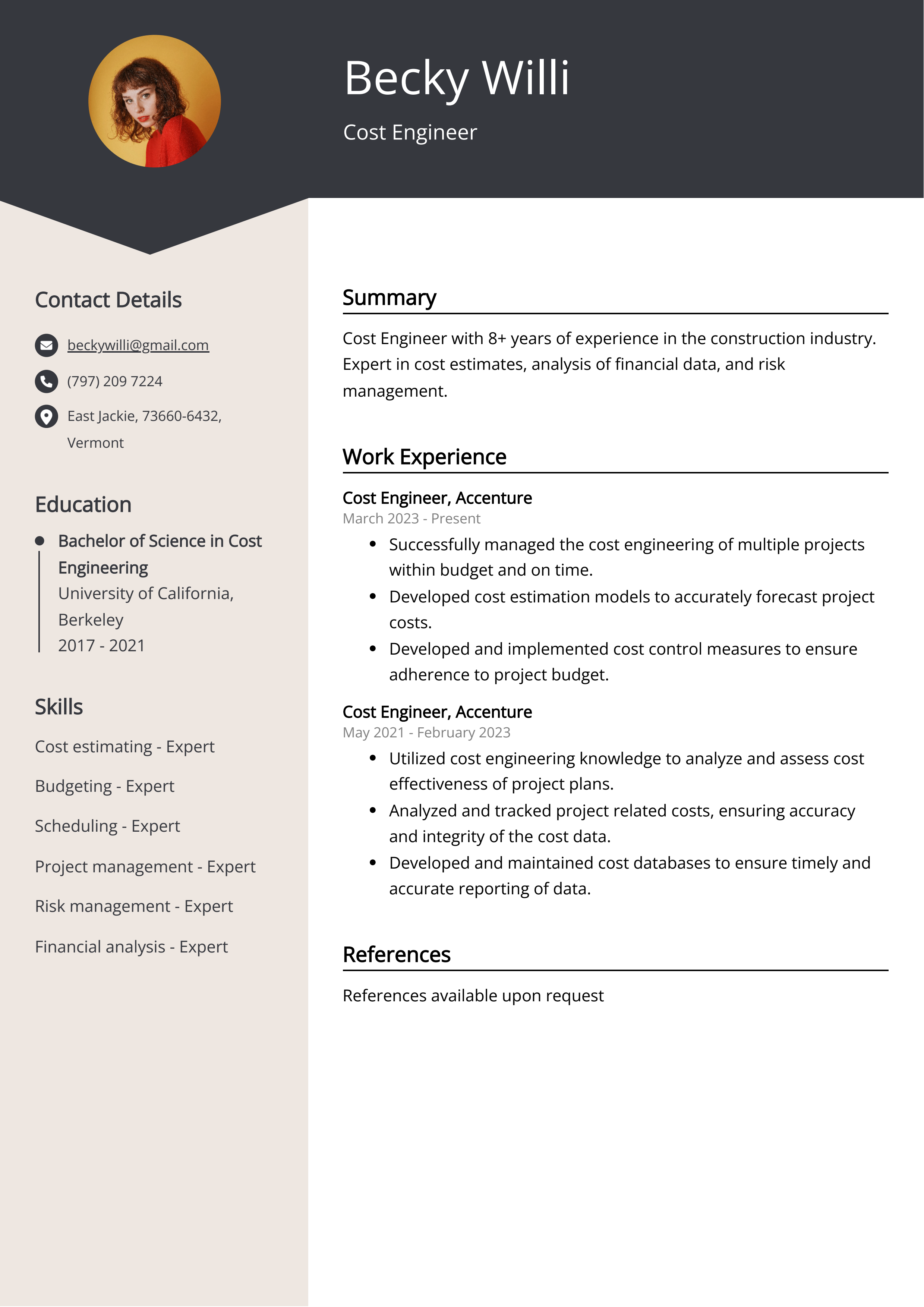 Cost Engineer Resume Example