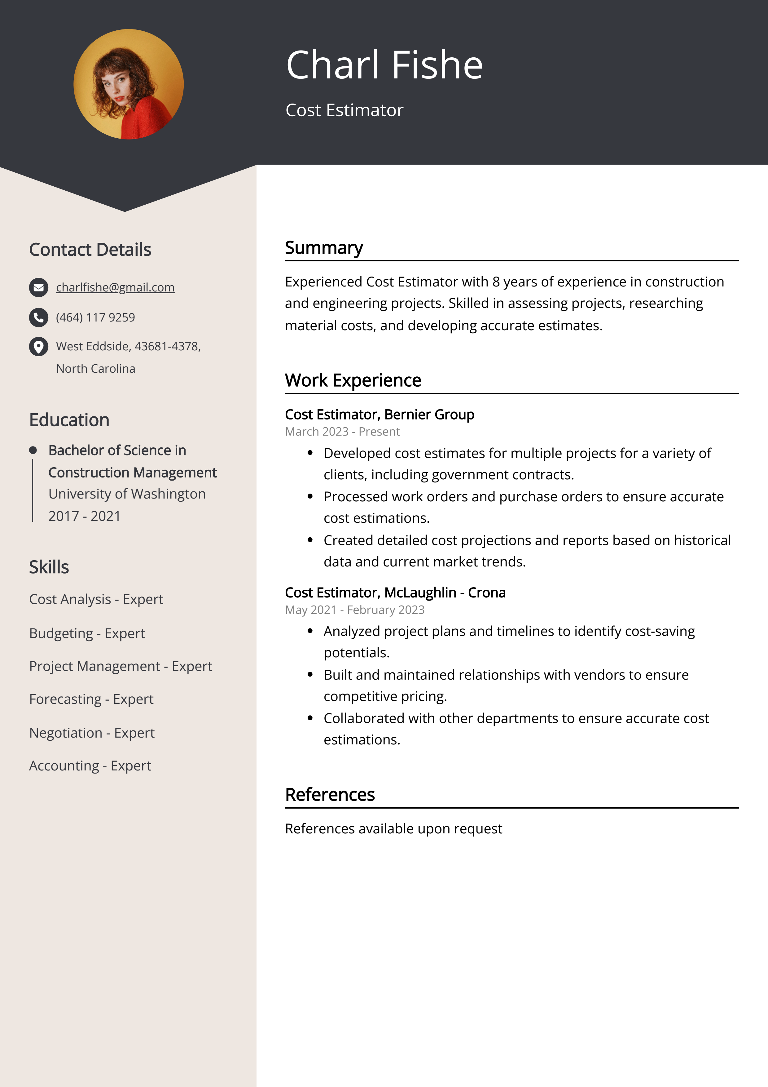 Cost Estimator Resume Example