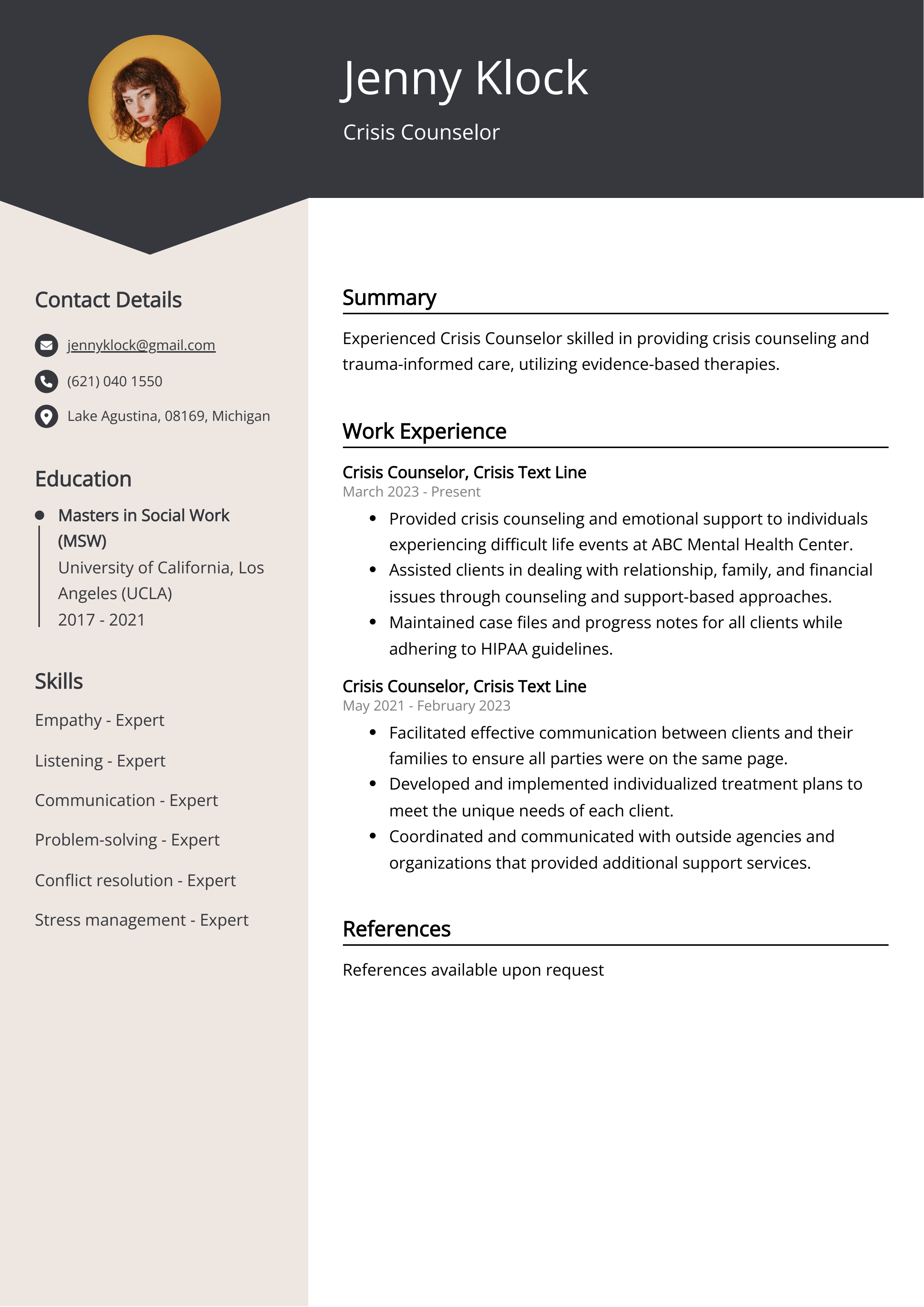 Crisis Counselor Resume Example