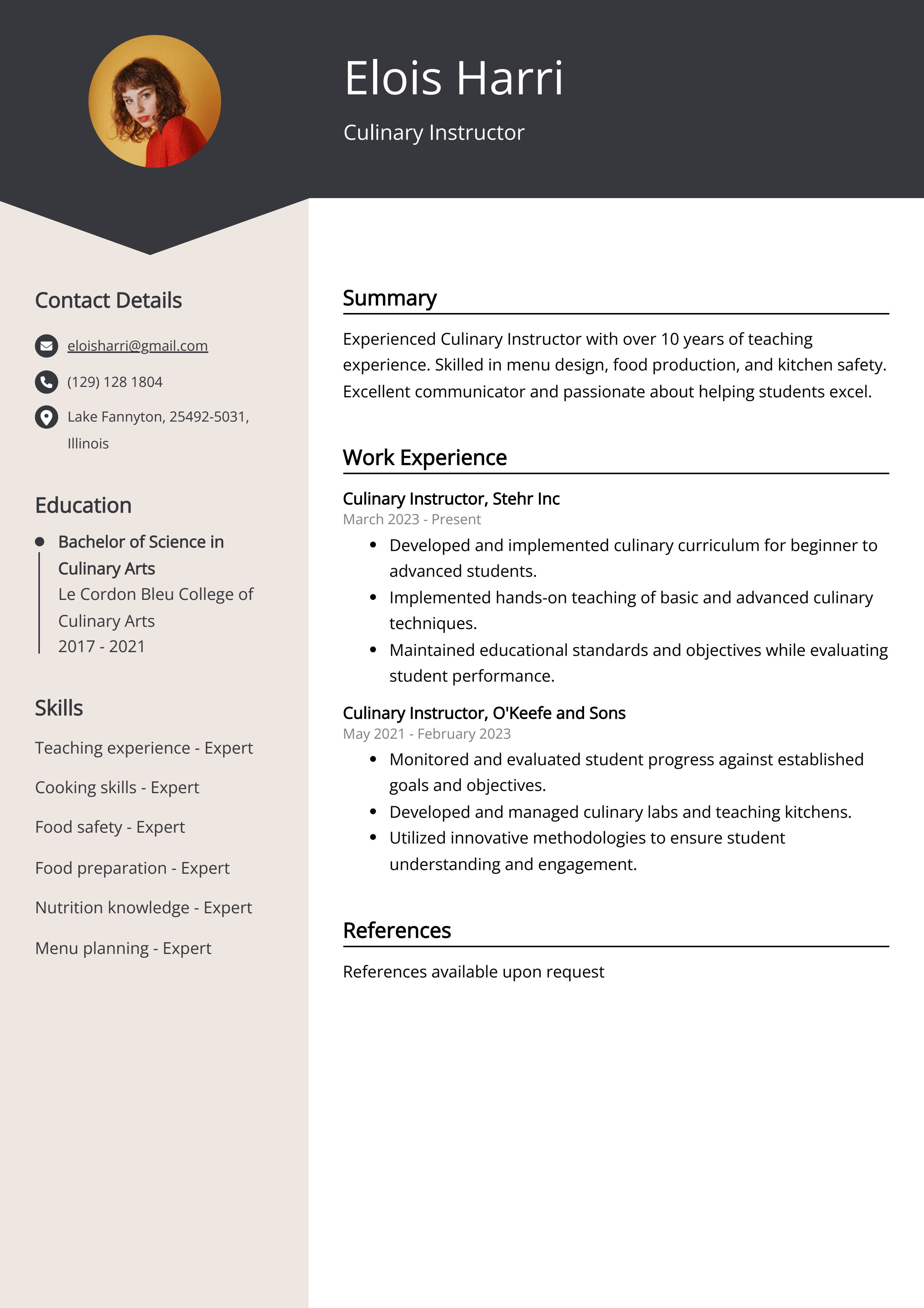Culinary Instructor Resume Example