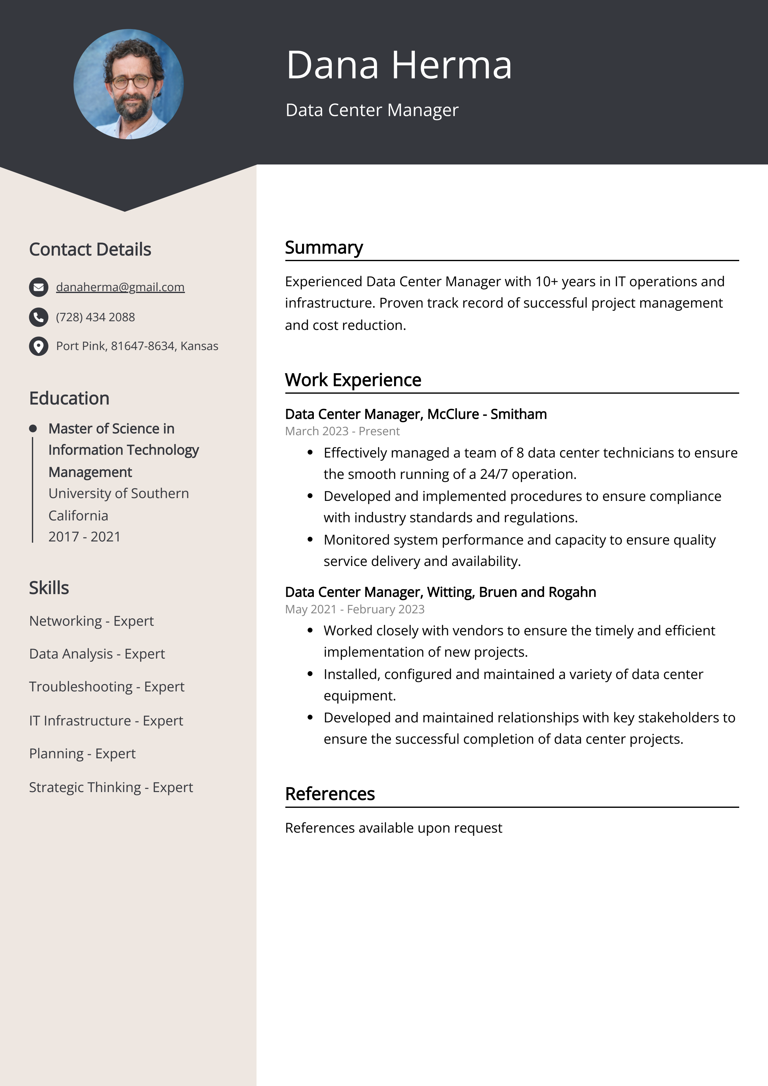 Data Center Manager Resume Example