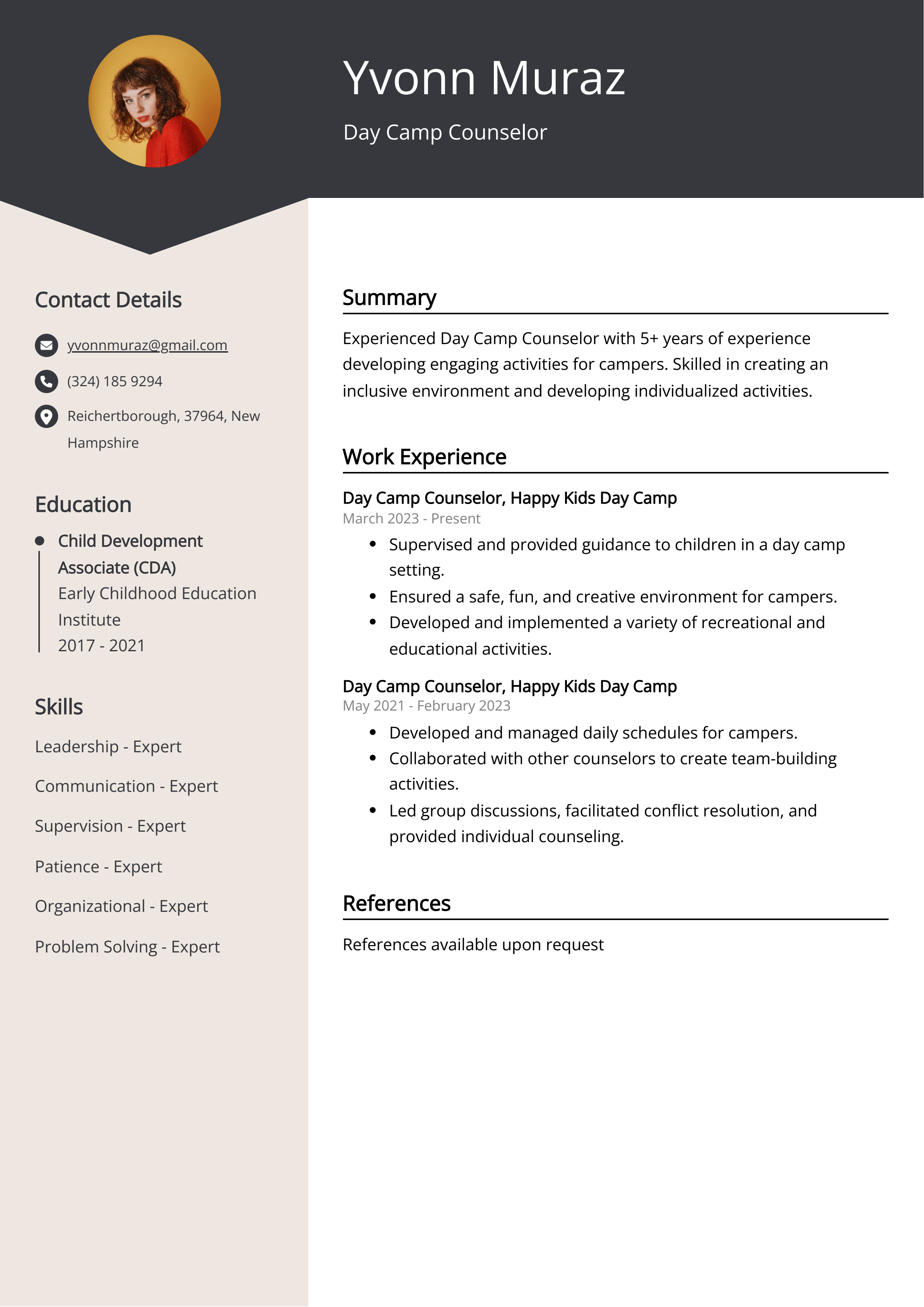 Day Camp Counselor Resume Example