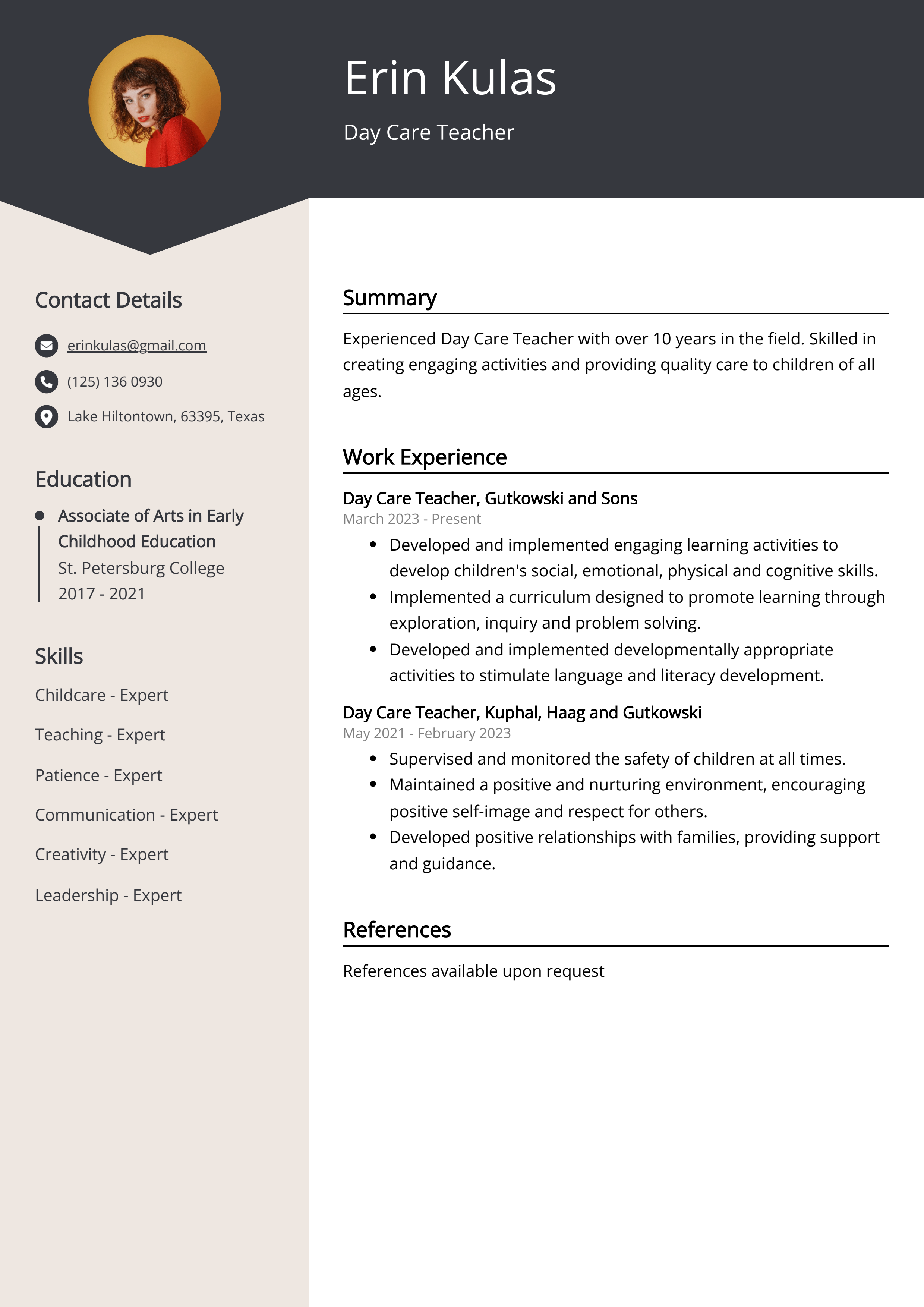 Day Care Teacher Resume Example