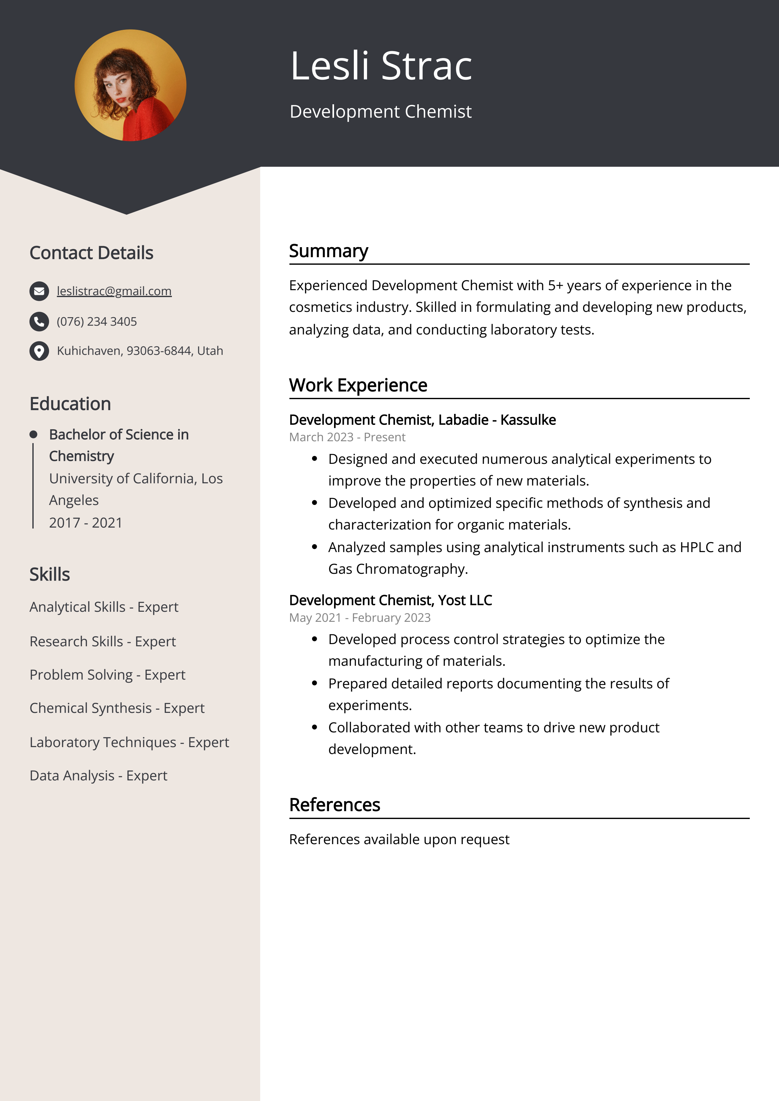 Development Chemist Resume Example