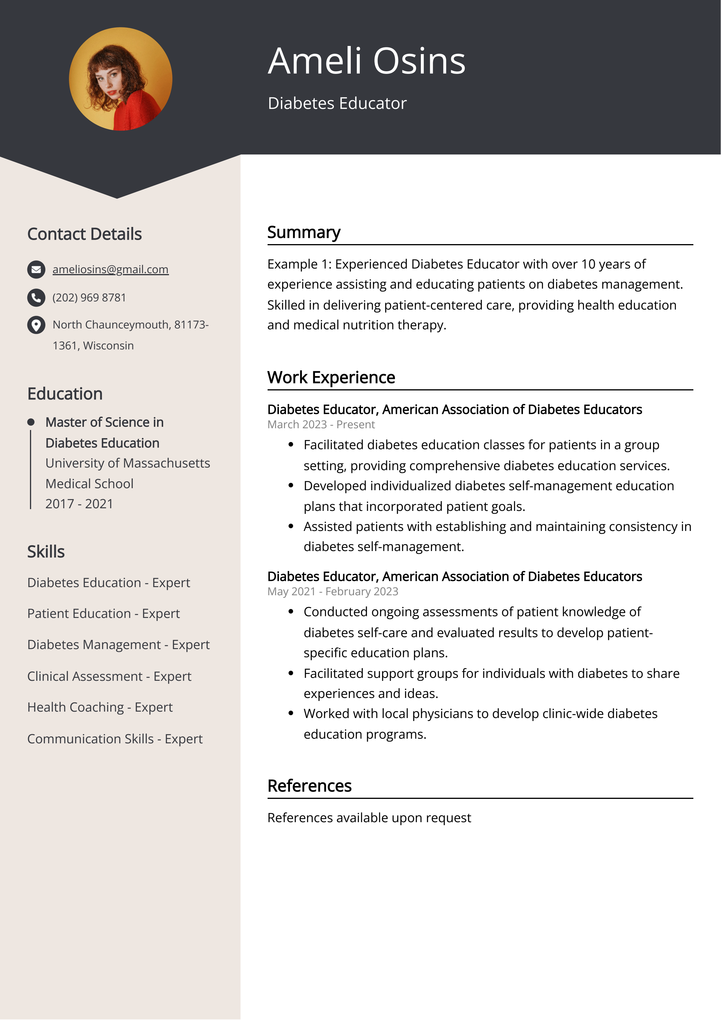 Diabetes Educator Resume Example