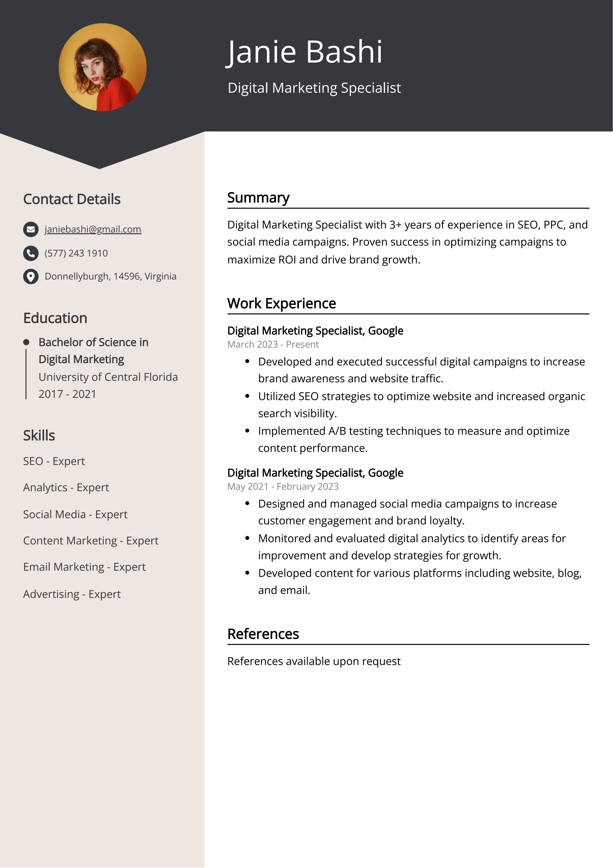 Digital Marketing Specialist Resume Example