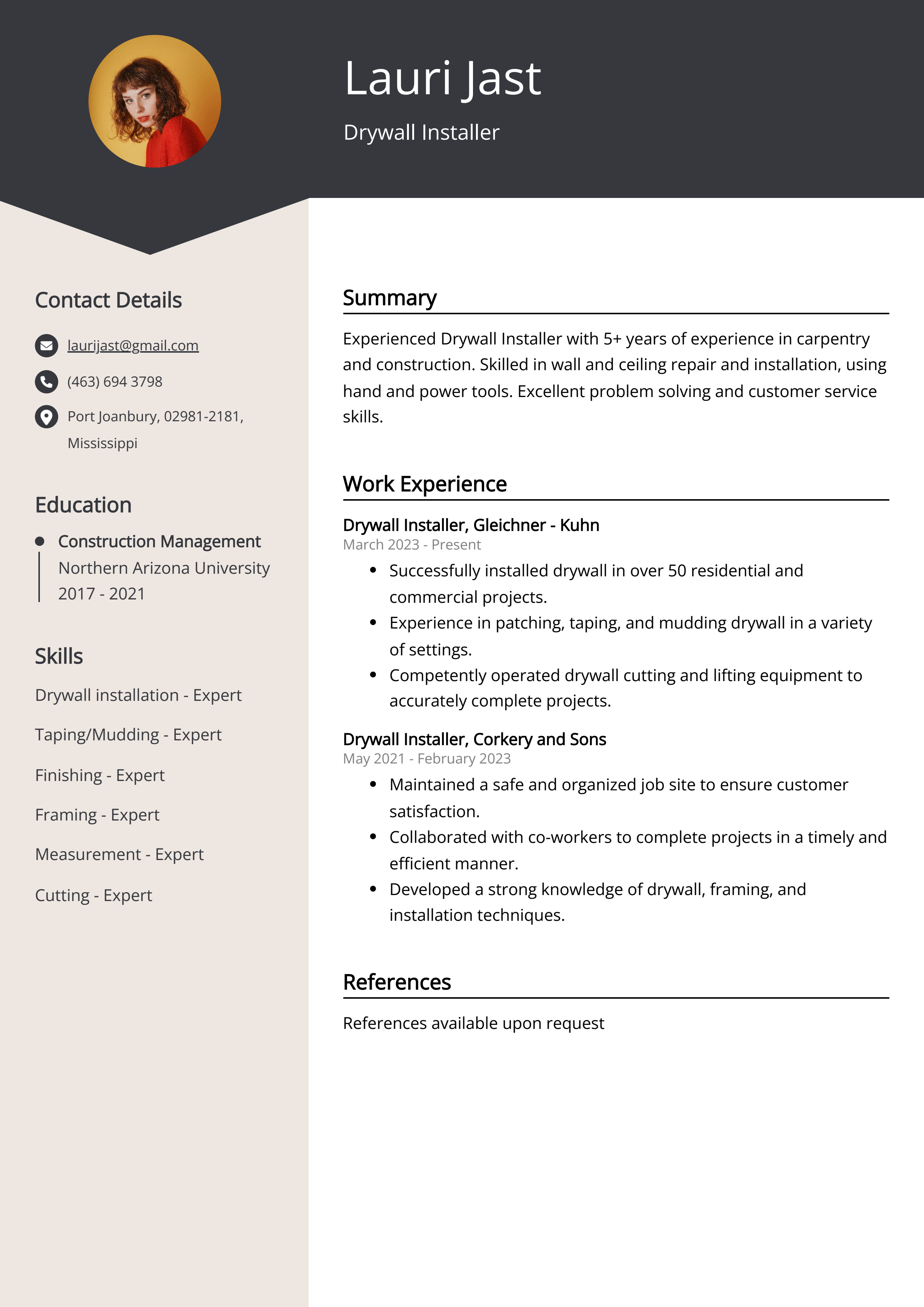 Drywall Installer Resume Example