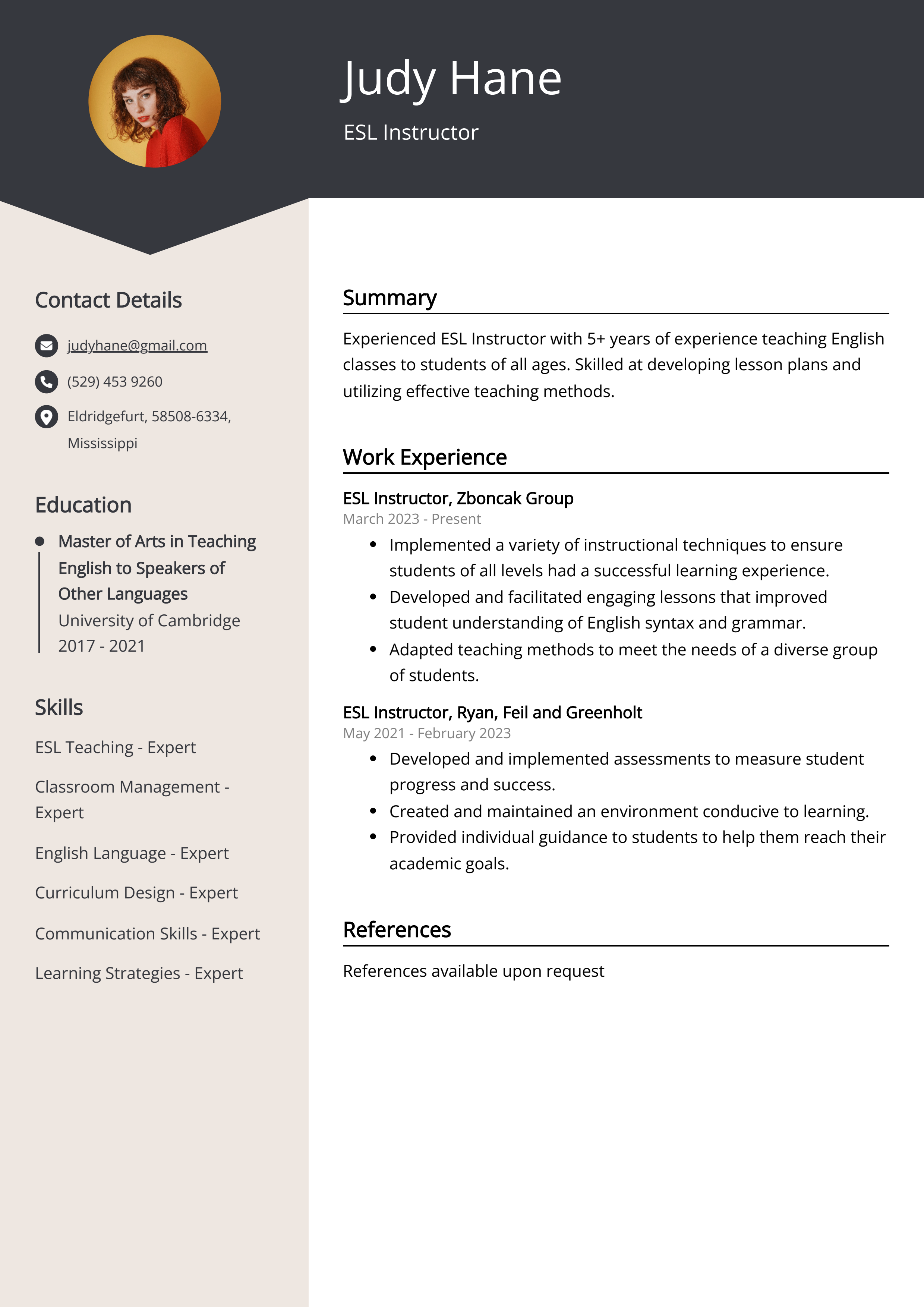 ESL Instructor Resume Example