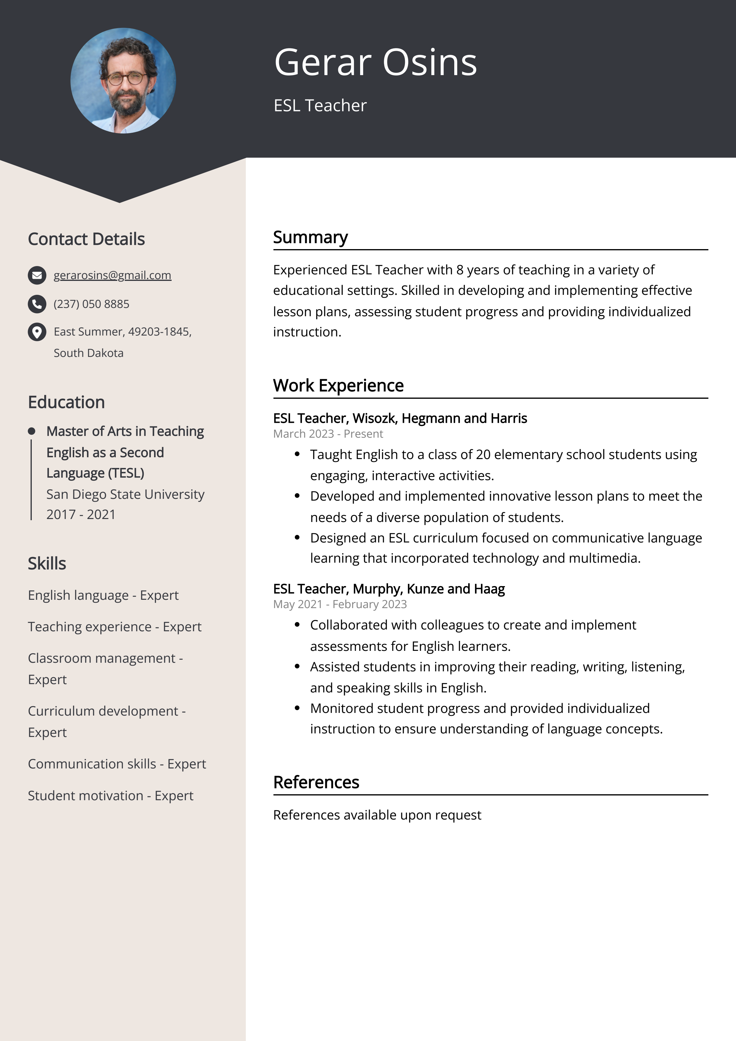 ESL Teacher Resume Example for 2024