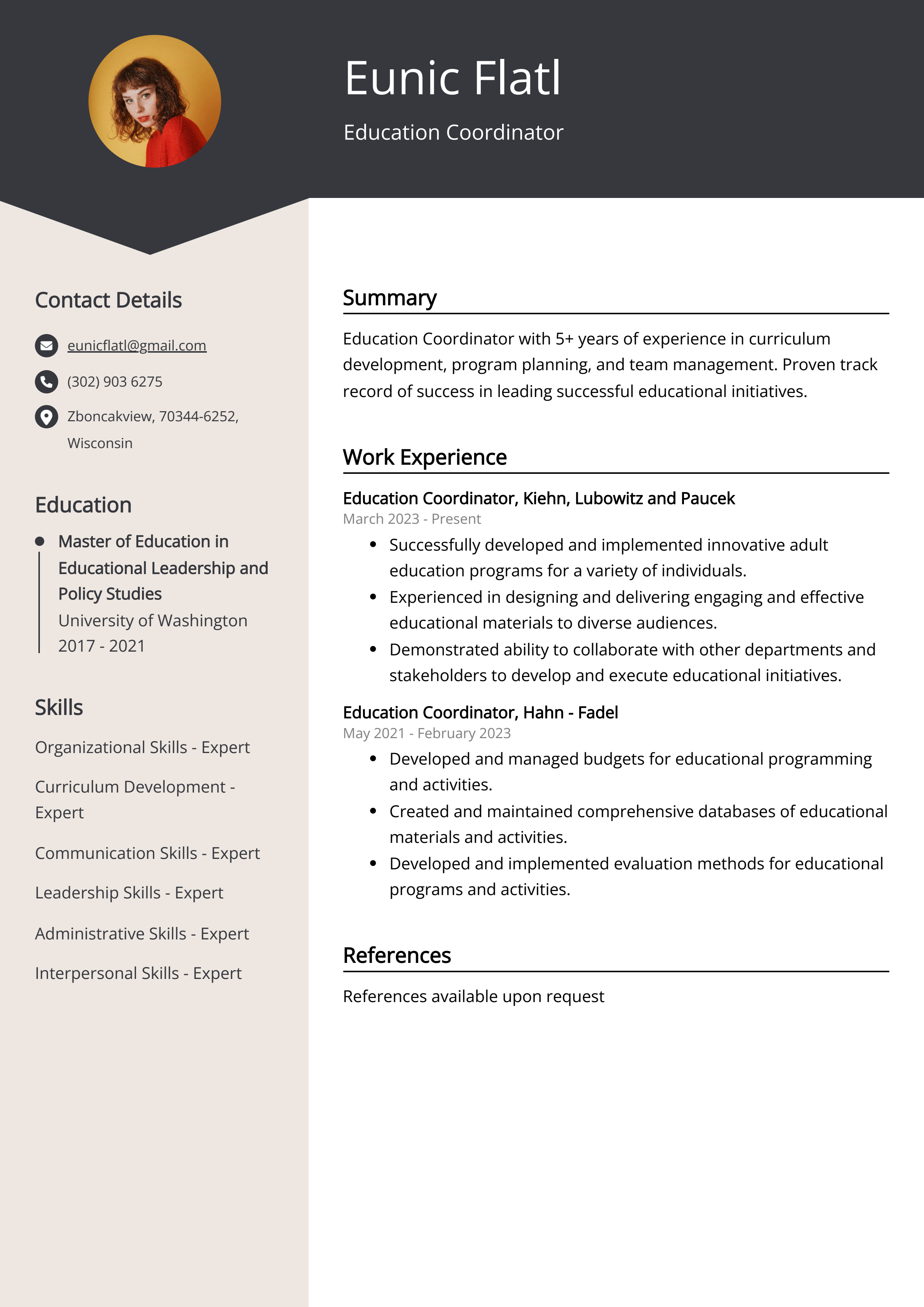 Education Coordinator Resume Example